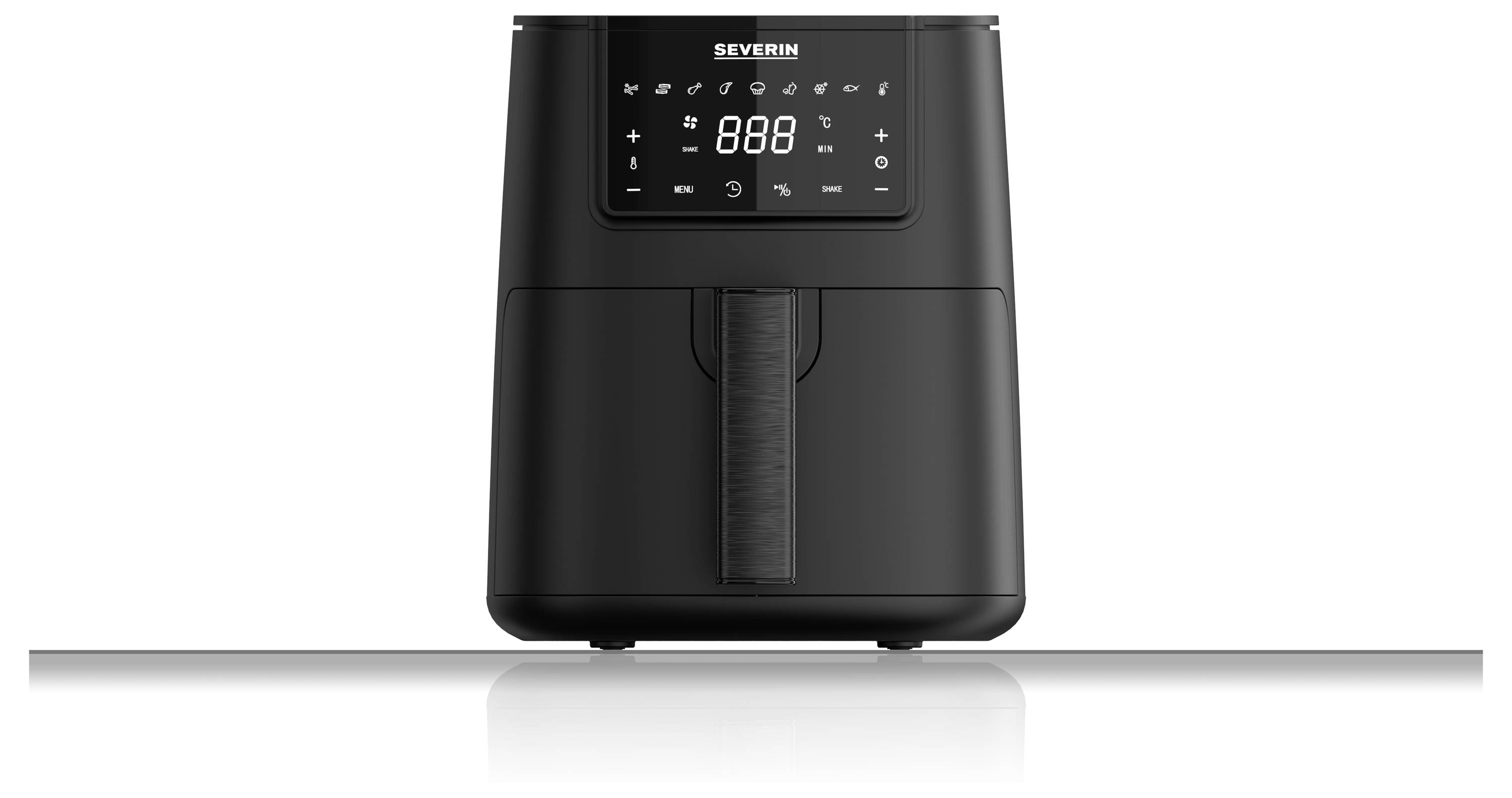 Schwarze Heißluftfritteuse mit digitalem Display, Temperatur- und Zeitanzeige. Geeignet zum fettarmen Frittieren von Lebensmitteln.