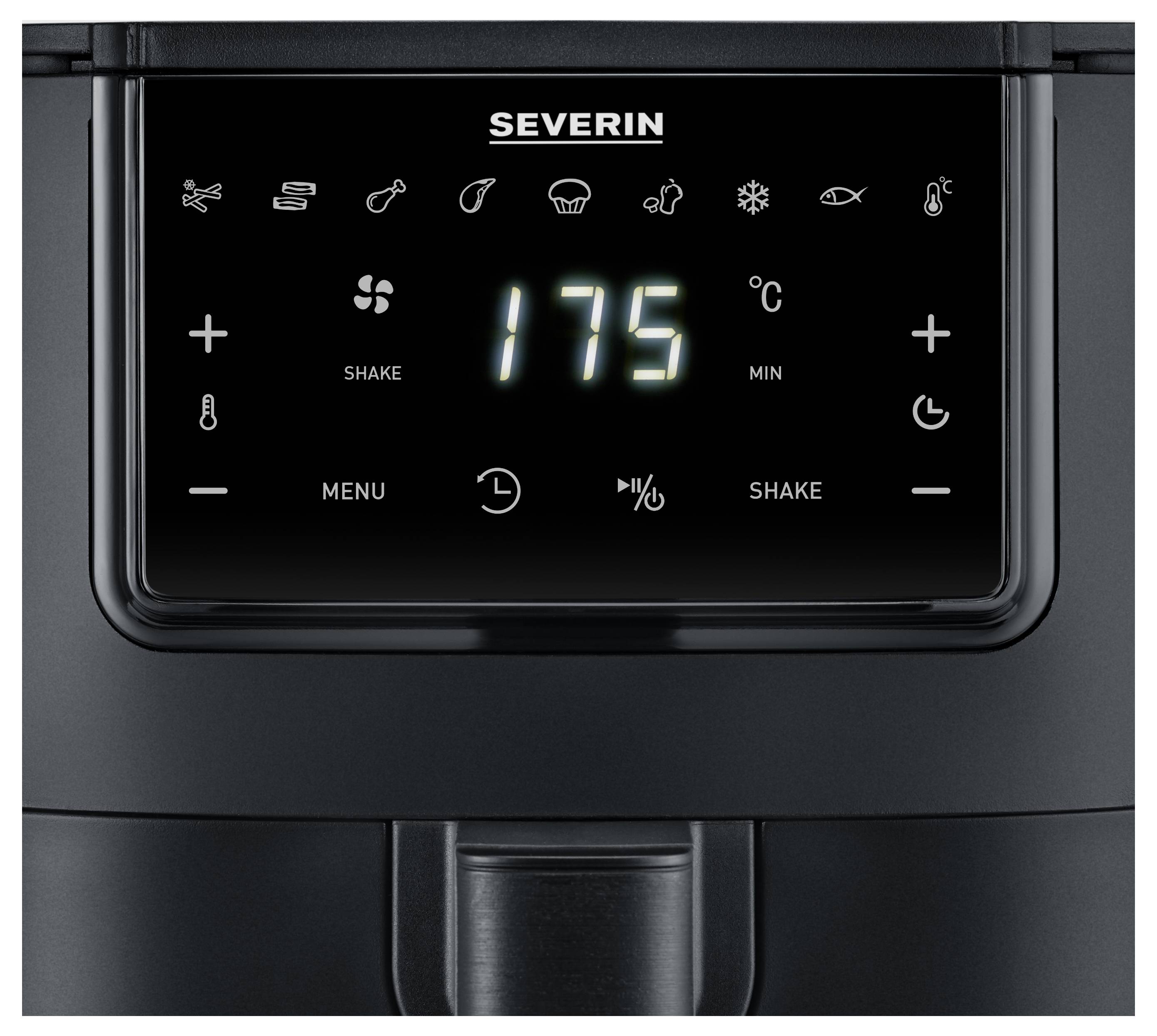 Ein digitales Display mit der Zahl '175', umgeben von Bedienelementen einer Küchenmaschine. Oben der Markenname 'Severin'.