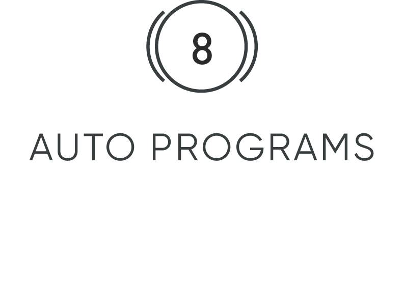 '8 Auto Programs' in einem Kreis, symbolisiert eine Funktion oder Option in einer technischen oder digitalen Anwendung.