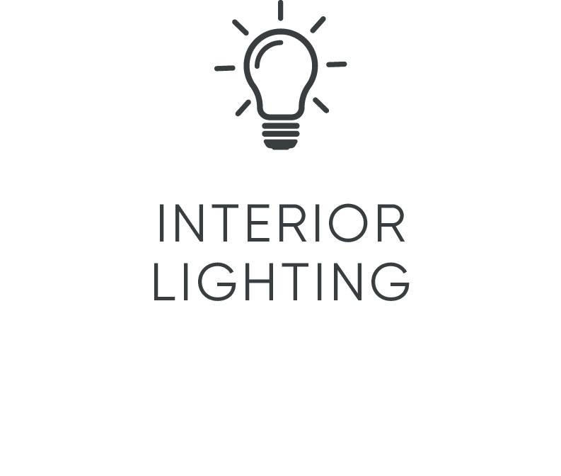 'INTERIOR LIGHTING' steht unter einer stilisierten Glühbirne, die Licht abstrahlt.