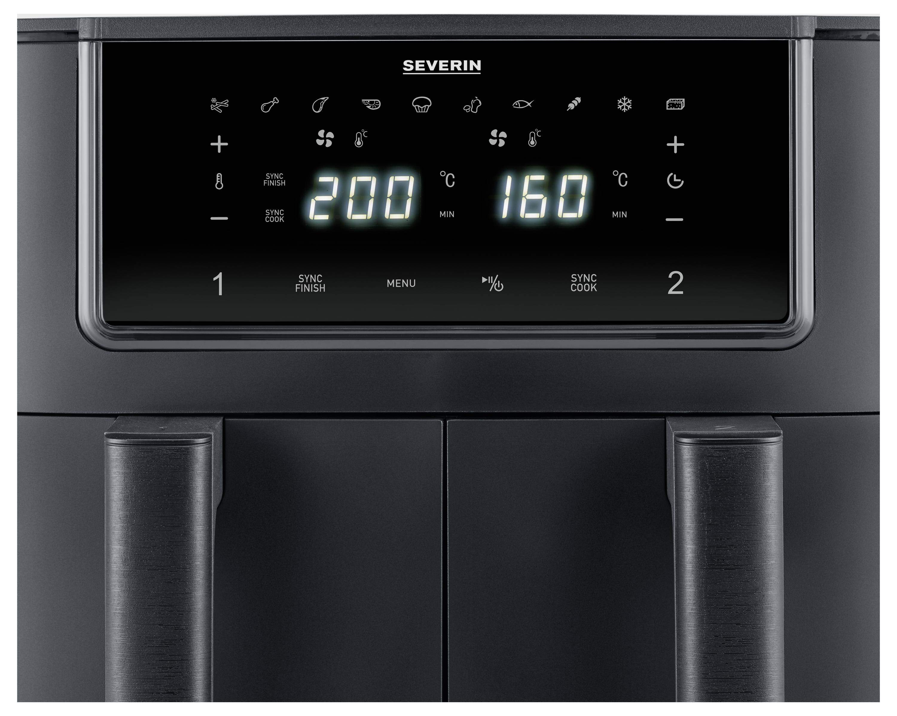 Zwei-Fach-Heißluftfritteuse mit digitaler Anzeige. Rechte Seite zeigt 160 °C, linke Seite zeigt 200 °C. Symbole für verschiedene Funktionen.