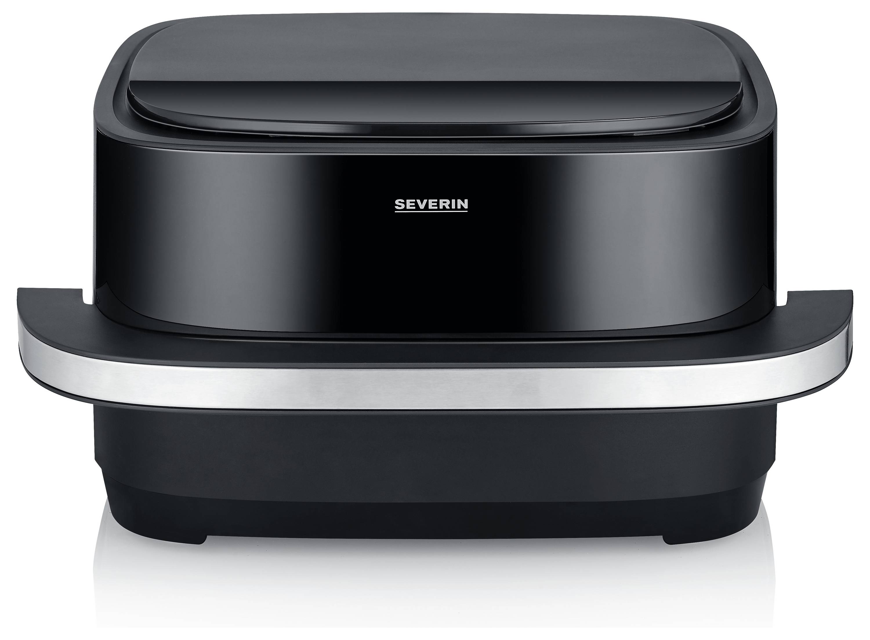 Elektrischer Grill von Severin in schwarzem Design mit silbernen Akzenten, geeignet für Innen- und Außengrillen.