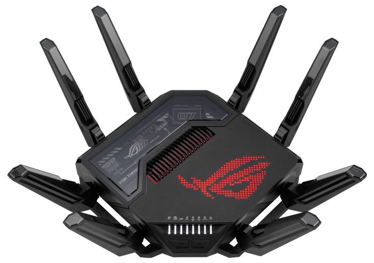 Ein schwarzer Router mit sechs Antennen und einem rot leuchtenden Logo auf der Oberseite, das einem futuristischen Design ähnelt.