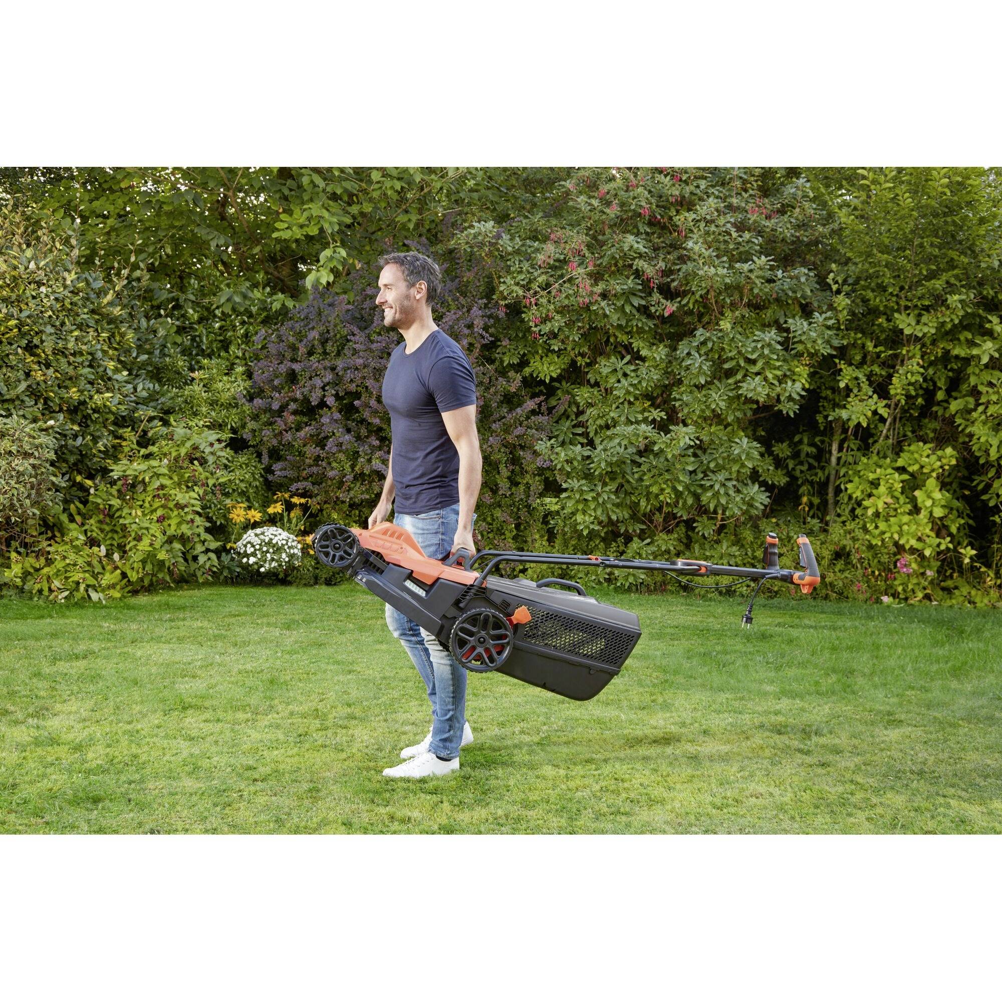 Black & Decker Elektro Rasenmäher mit Schnitthöhenverstellung, Höhenverstellbarer Griff mit Klappfunktion 1800W Schnittbreite