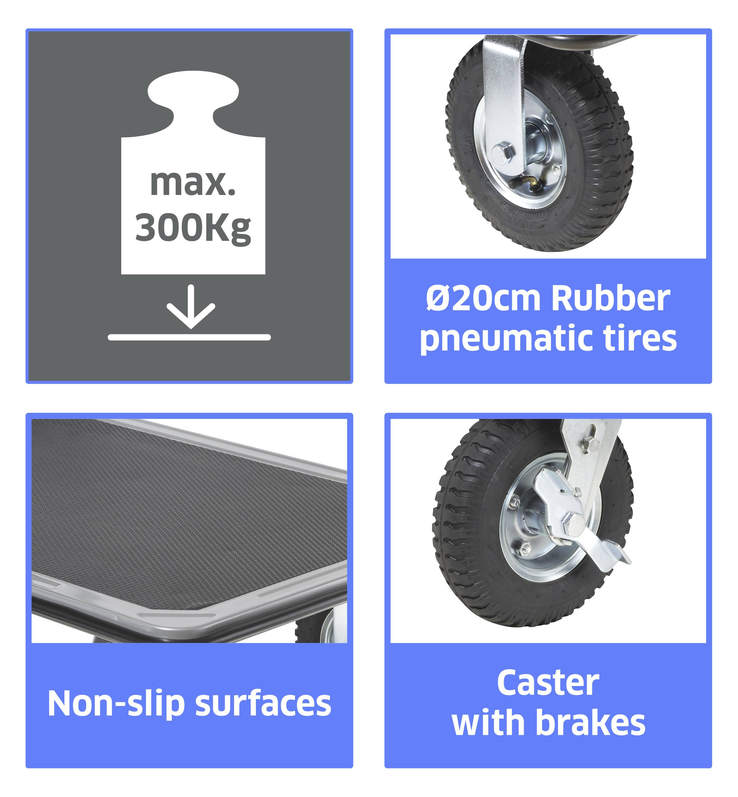 Trolley-Merkmale umfassen: maximale Belastung 300 kg, Ø20 cm Luftgummireifen, rutschfeste Oberflächen, Rollen mit Bremsen.