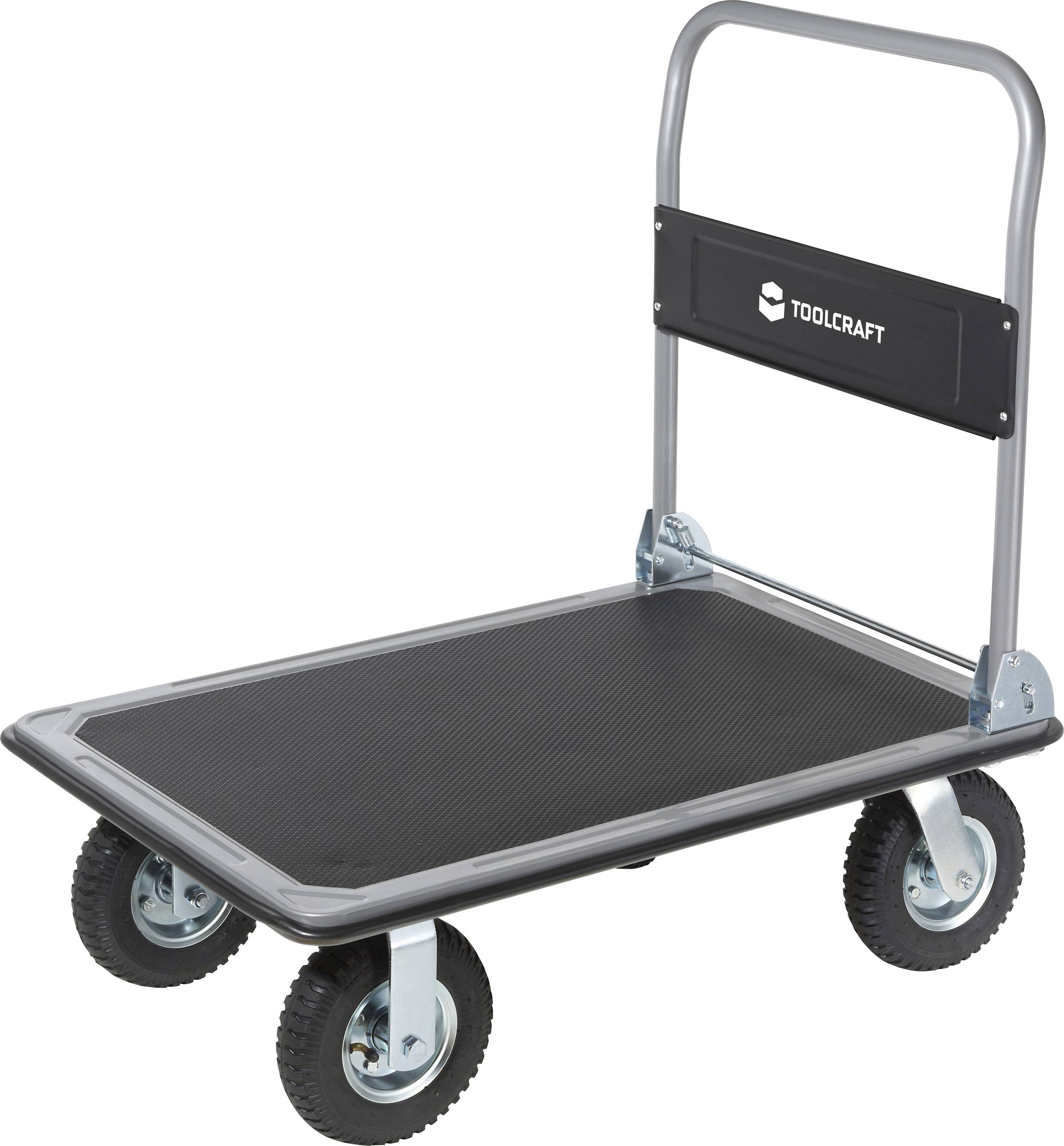 Ein Transportwagen mit schwarzer Ladefläche, vier Rädern und einem Metallgriff, geeignet für den Transport schwerer Gegenstände.