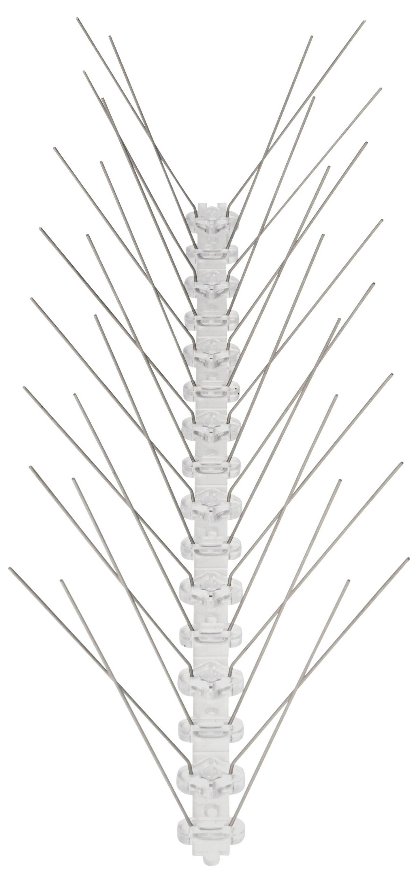 Vogelschutz-Spikes mit mehreren Reihen aus Edelstahl auf einer Kunststoffbasis zur Vermeidung von Vogellandung auf Gebäudekanten.