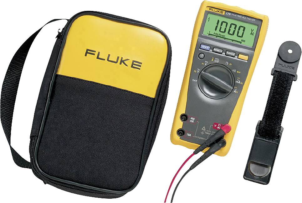 Ein gelbes digitales Multimeter mit schwarzem Gehäuse und Kabeln, einer zugehörigen Tasche und einer Klettbandhalterung.
