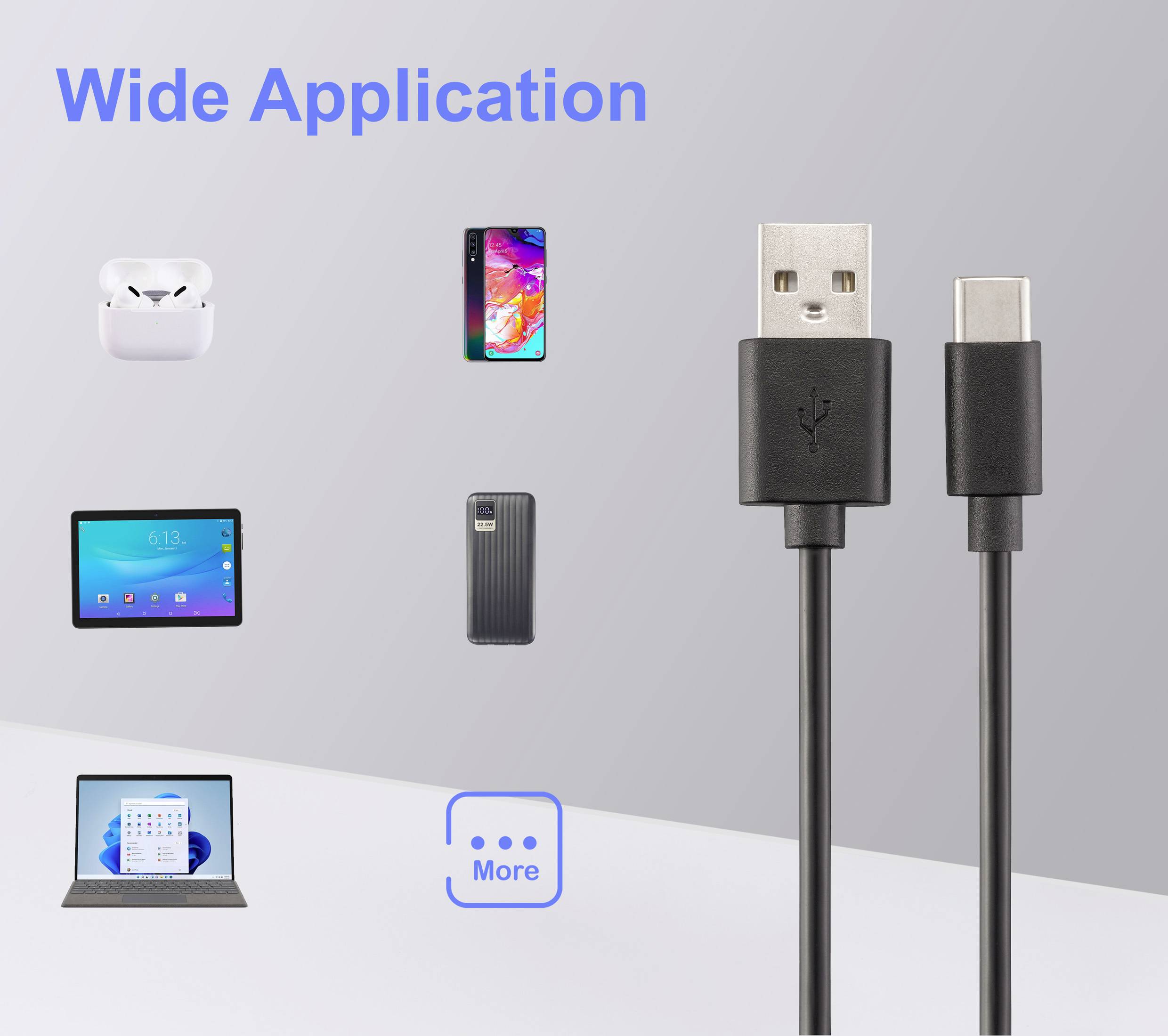 USB-C auf USB-A Kabel mit 'Vielseitige Anwendung' Text, der die Kompatibilität mit verschiedenen Geräten zeigt: Ohrhörer, Smartphone, Tablet, USB-Stick, Laptop.
