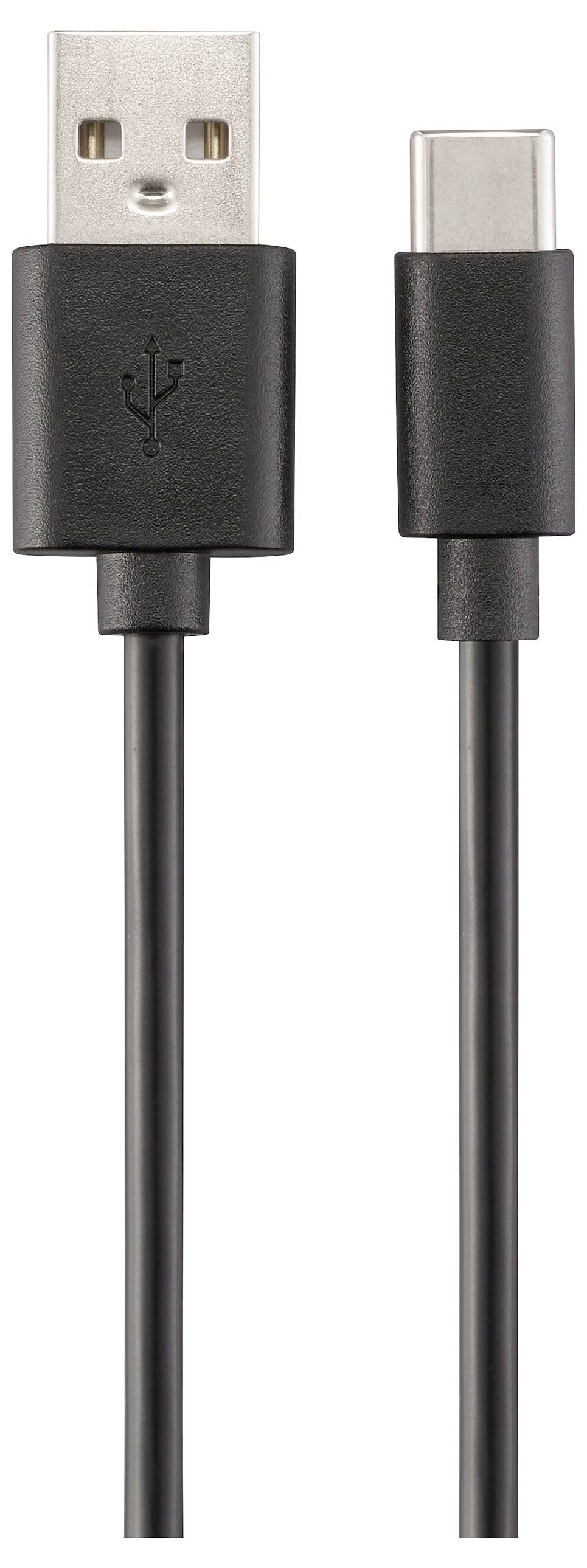 Ein schwarzes USB-A zu USB-C Ladekabel, verwendet zum Anschließen und Laden von Geräten, mit USB-A auf der einen und USB-C auf der anderen Seite.