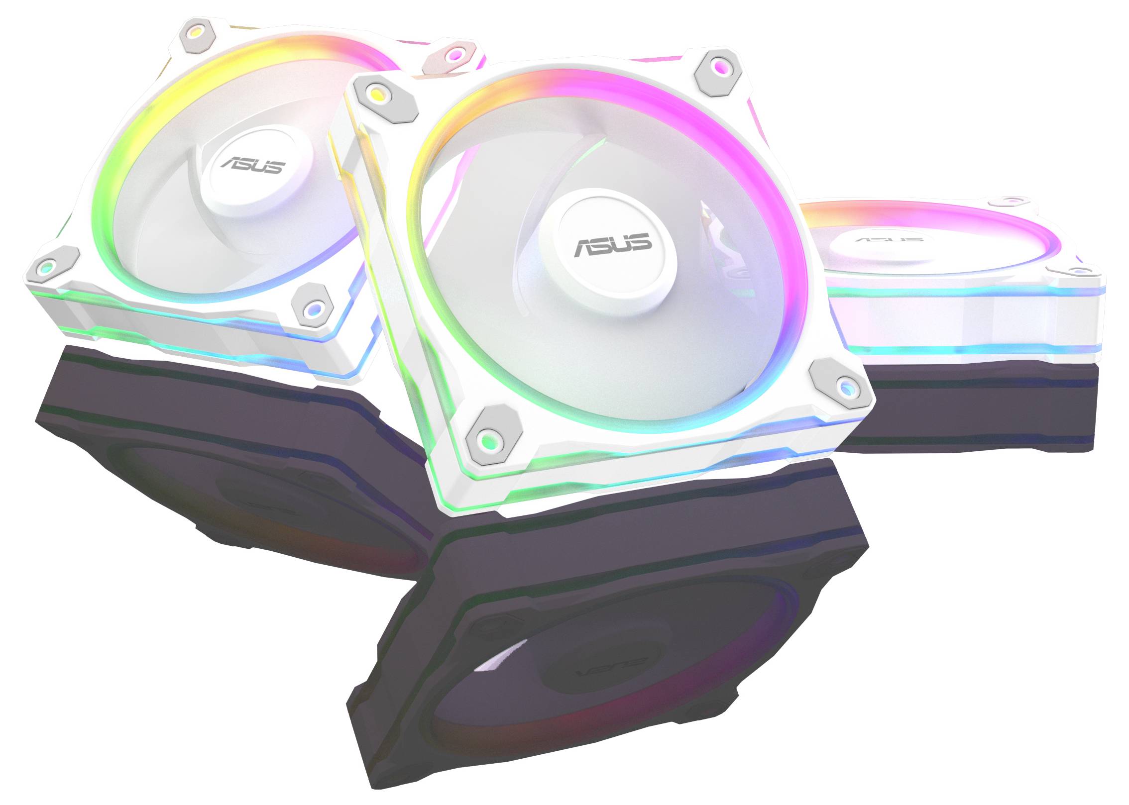 Drei ASUS RGB-Computerkühllüfter, die mit mehrfarbigen Lichtern leuchten und in einer dynamischen, überlappenden Anordnung positioniert sind.