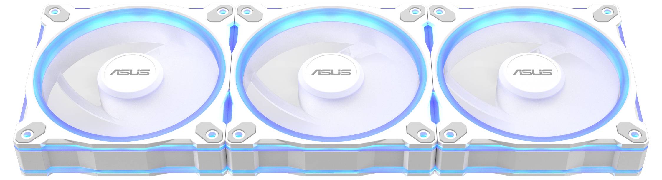 Drei weiße Computer-Kühlventilatoren mit blauer LED-Beleuchtung, auf denen das 'ASUS'-Logo zu sehen ist, nebeneinander in einem rechteckigen Rahmen angeordnet.