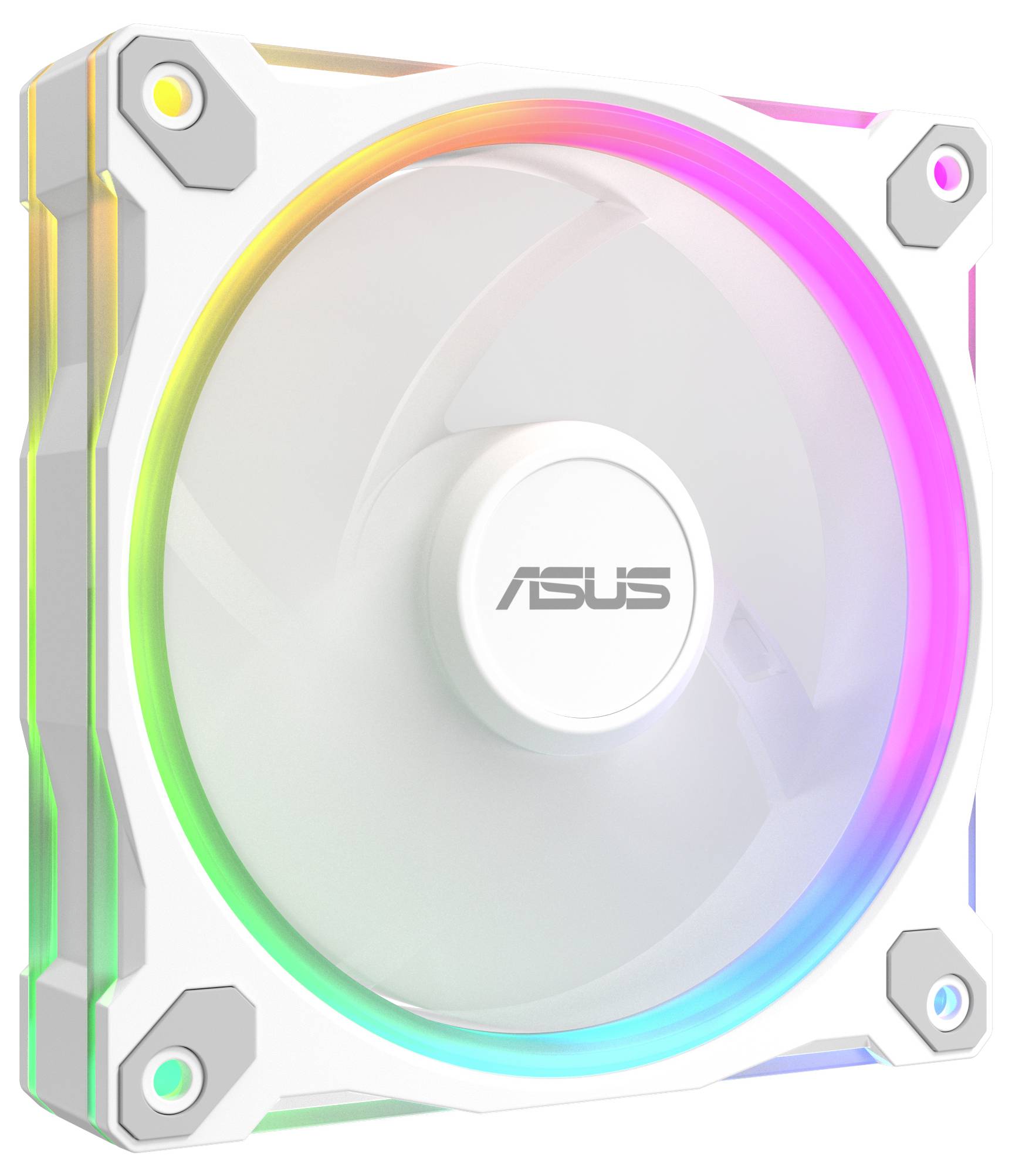 Ein weißer Computerlüfter mit RGB-Beleuchtung und Logo in der Mitte. Die Lichter bilden einen bunten, leuchtenden Ring um den Lüfter.