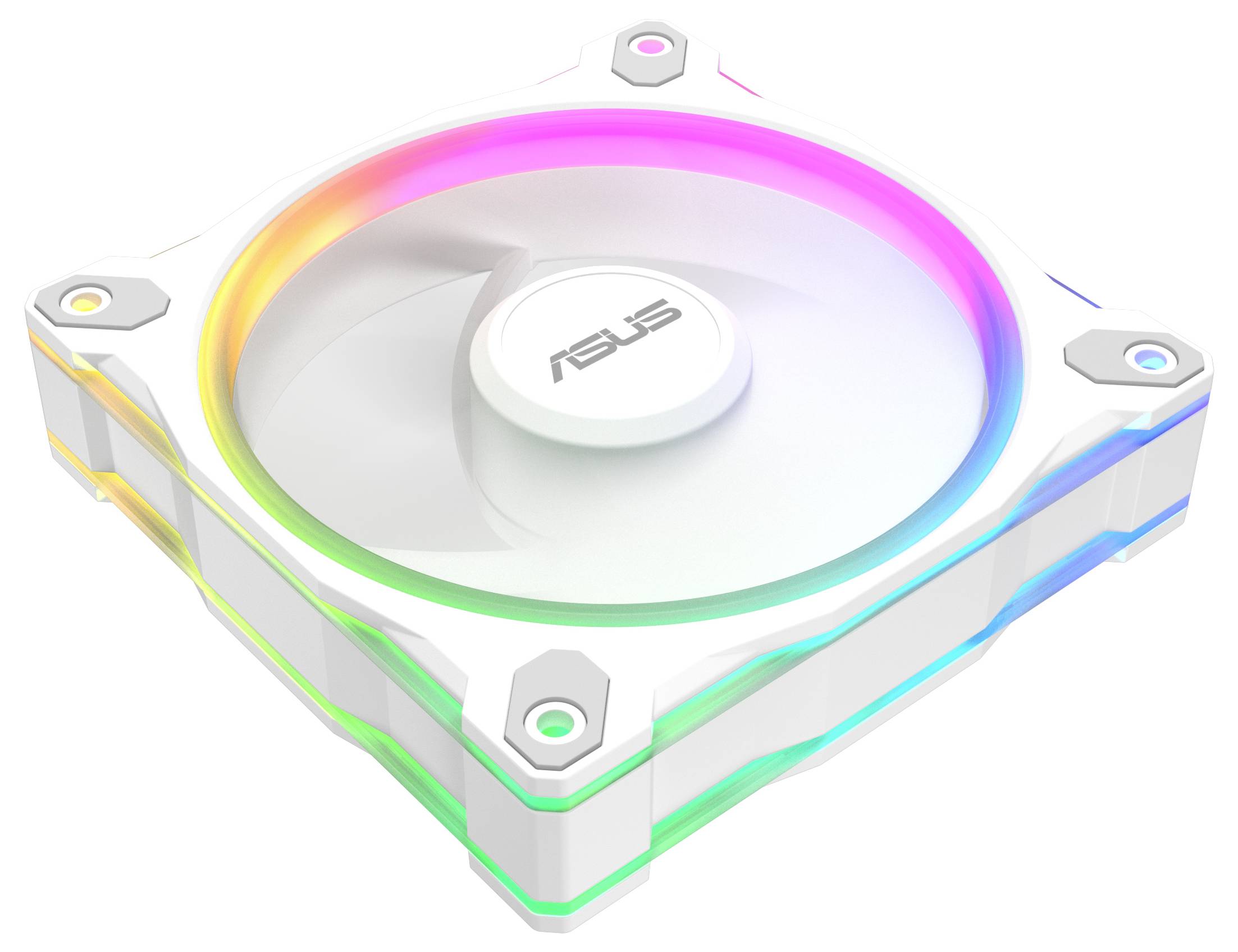 Ein Computerlüfter mit weißem Rahmen und bunter RGB-Beleuchtung entlang der Kanten und Blätter, mit dem 'Asus'-Logo in der Mitte.