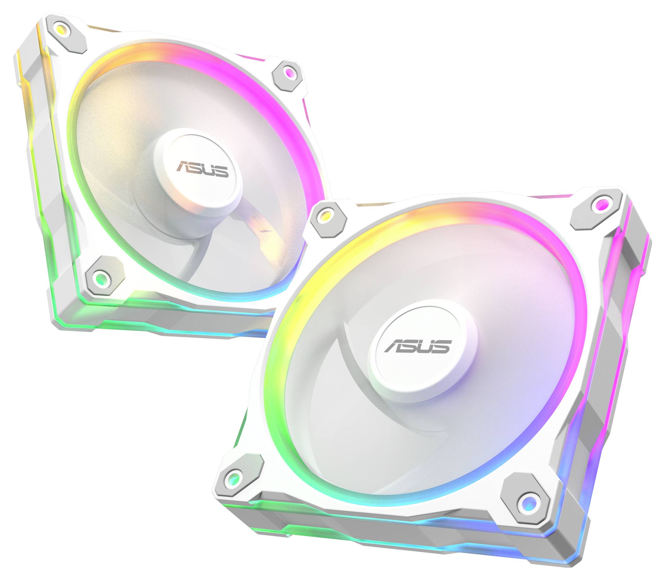 Zwei weiße Computerkühlventilatoren mit Regenbogen-LED-Beleuchtungseffekten, in der Mitte jedes Ventilators mit der Marke 'ASUS' versehen.