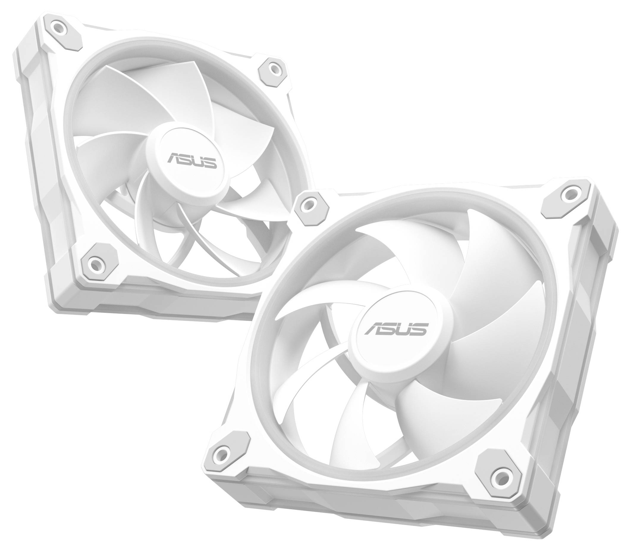 Zwei weiße Computerventilatoren mit dem 'ASUS' Logo in der Mitte, die in unterschiedlichen Winkeln vor einem weißen Hintergrund positioniert sind.