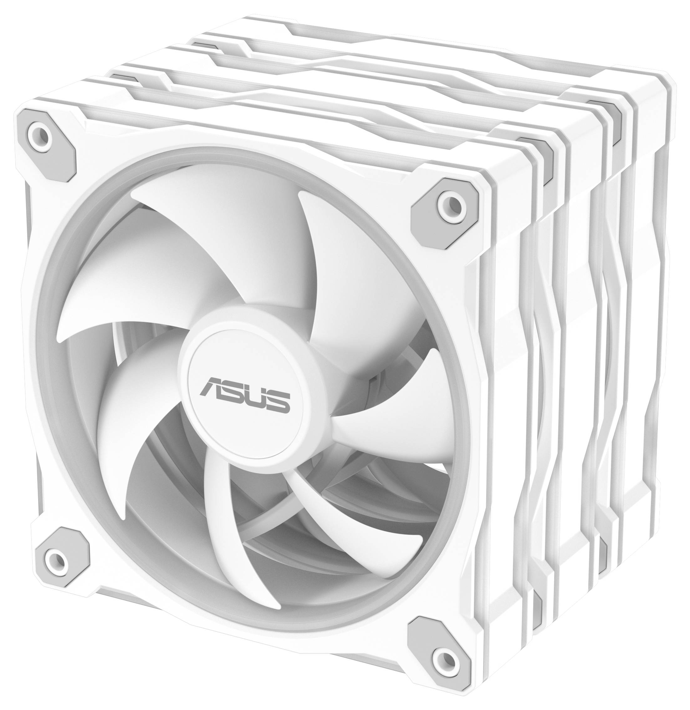 Ein weißer ASUS Computerlüfter mit einem großen, zentralen Flügeldesign, untergebracht in einem kompakten, quadratischen Rahmen mit strukturierter Außenfläche.