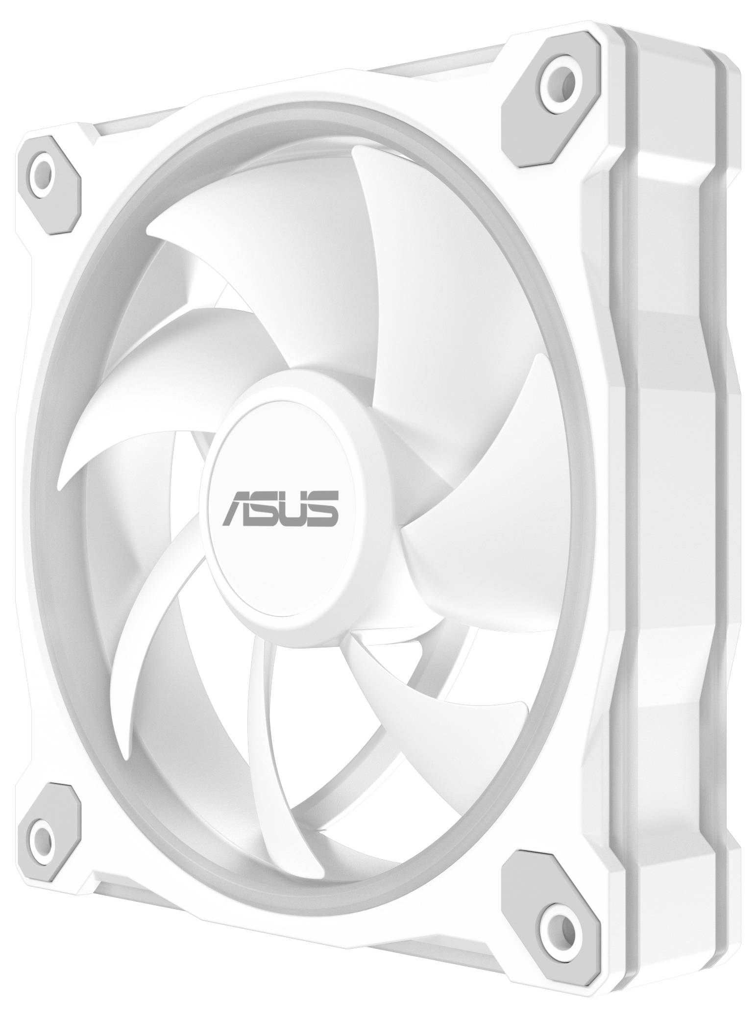 Ein weißer Computerlüfter der Marke 'ASUS' mit quadratischem Rahmen und fünf Rotorblättern, entwickelt für die Luftzirkulation in Computersystemen.