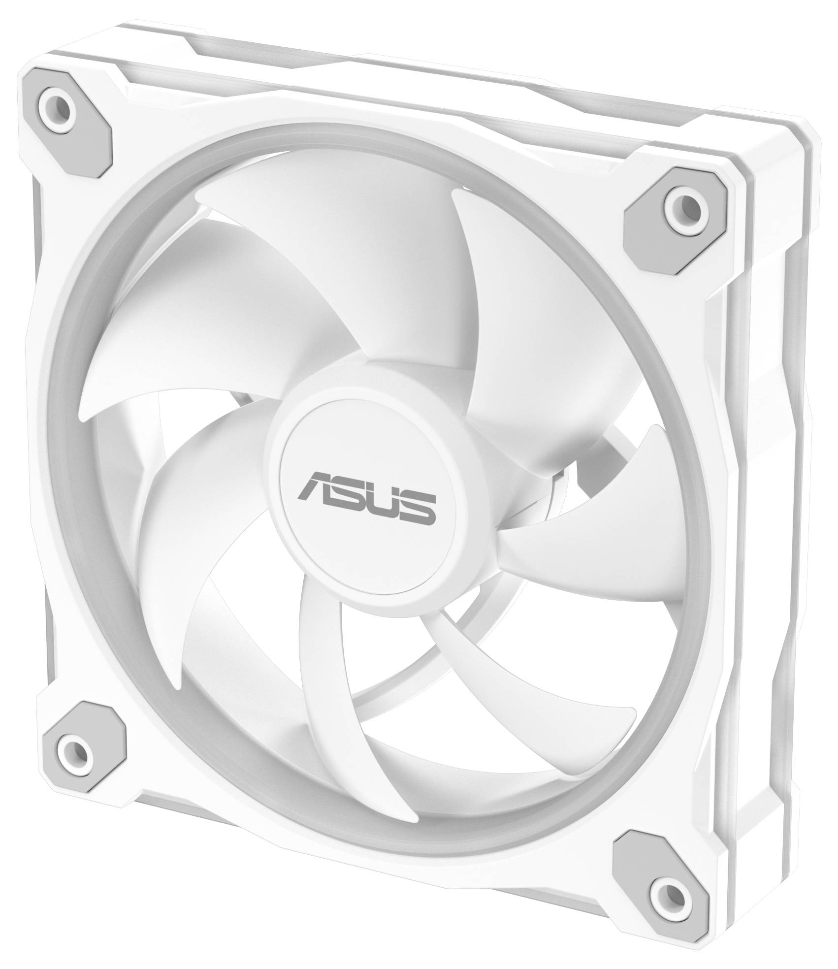 Ein weißer ASUS-Computerlüfter mit elegantem Design, der das ASUS-Logo in der Mitte trägt und zur Verbesserung der PC-Luftzirkulation geeignet ist.