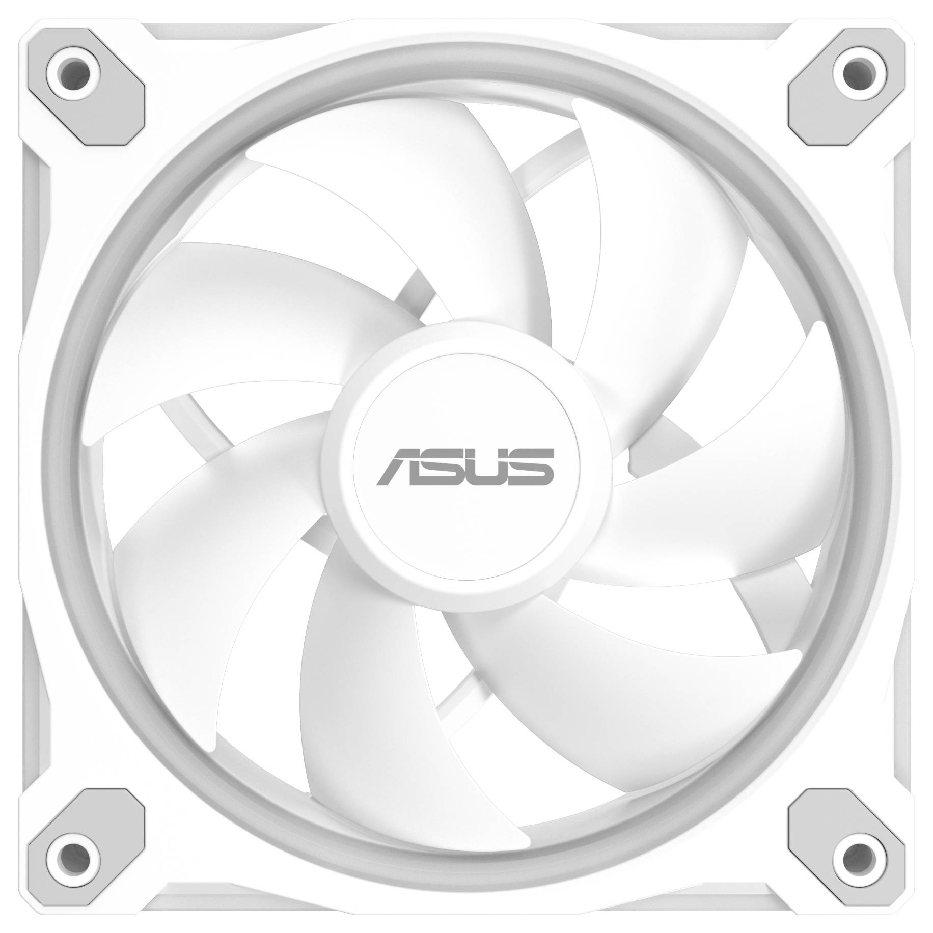 Asus Computer-Lüfter mit weißem Rahmen und Flügeln, quadratische Form mit abgerundeten Ecken, entwickelt zum Kühlen von Hardwarekomponenten.