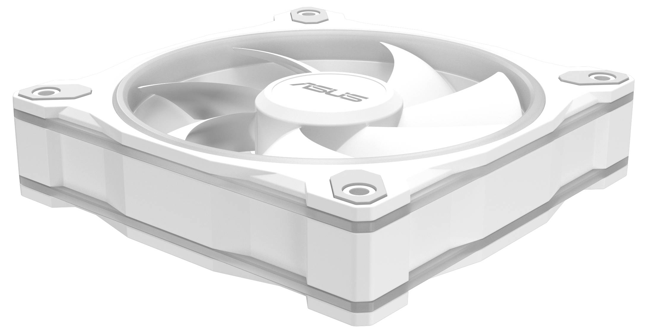 Weißer Computer-Lüfter von ASUS mit quadratischem Rahmen und runden Rotorblättern, entwickelt für Computerkühlanlagen.