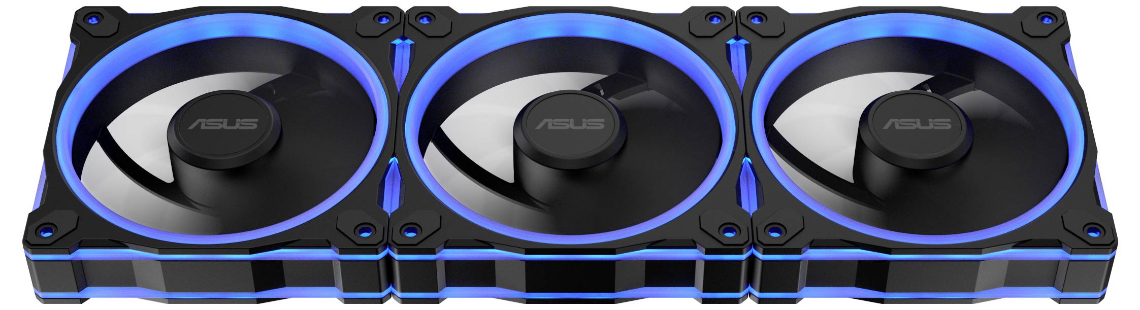 Drei schwarze Computer-Kühlventilatoren mit blauen LED-Akzenten in einer Reihe, entwickelt für einen effizienten Luftstrom in PC-Gehäusen.