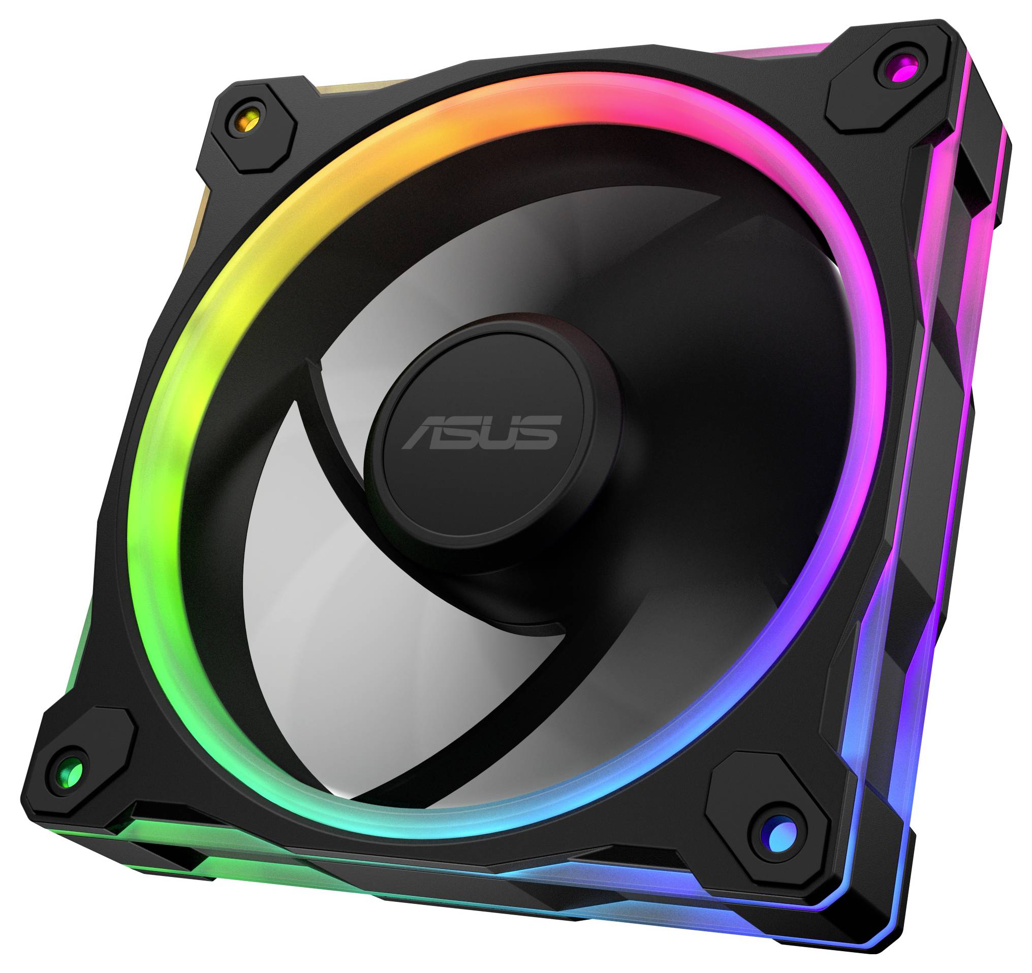 Ein schwarzer Computerlüfter mit RGB-Beleuchtung an den Kanten, der in verschiedenen Farben leuchtet und das 'Asus'-Logo in der Mitte zeigt.