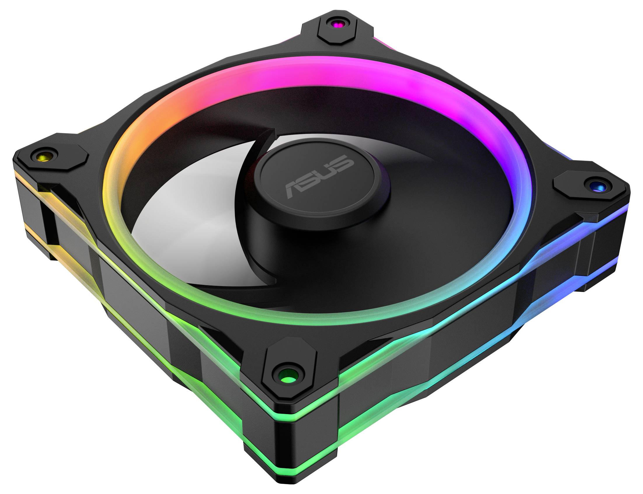RGB-Computerlüfter mit schwarzem Rahmen und bunten LED-Leuchten, aus einem Winkel betrachtet, wobei das Markenlogo in der Mitte sichtbar ist.