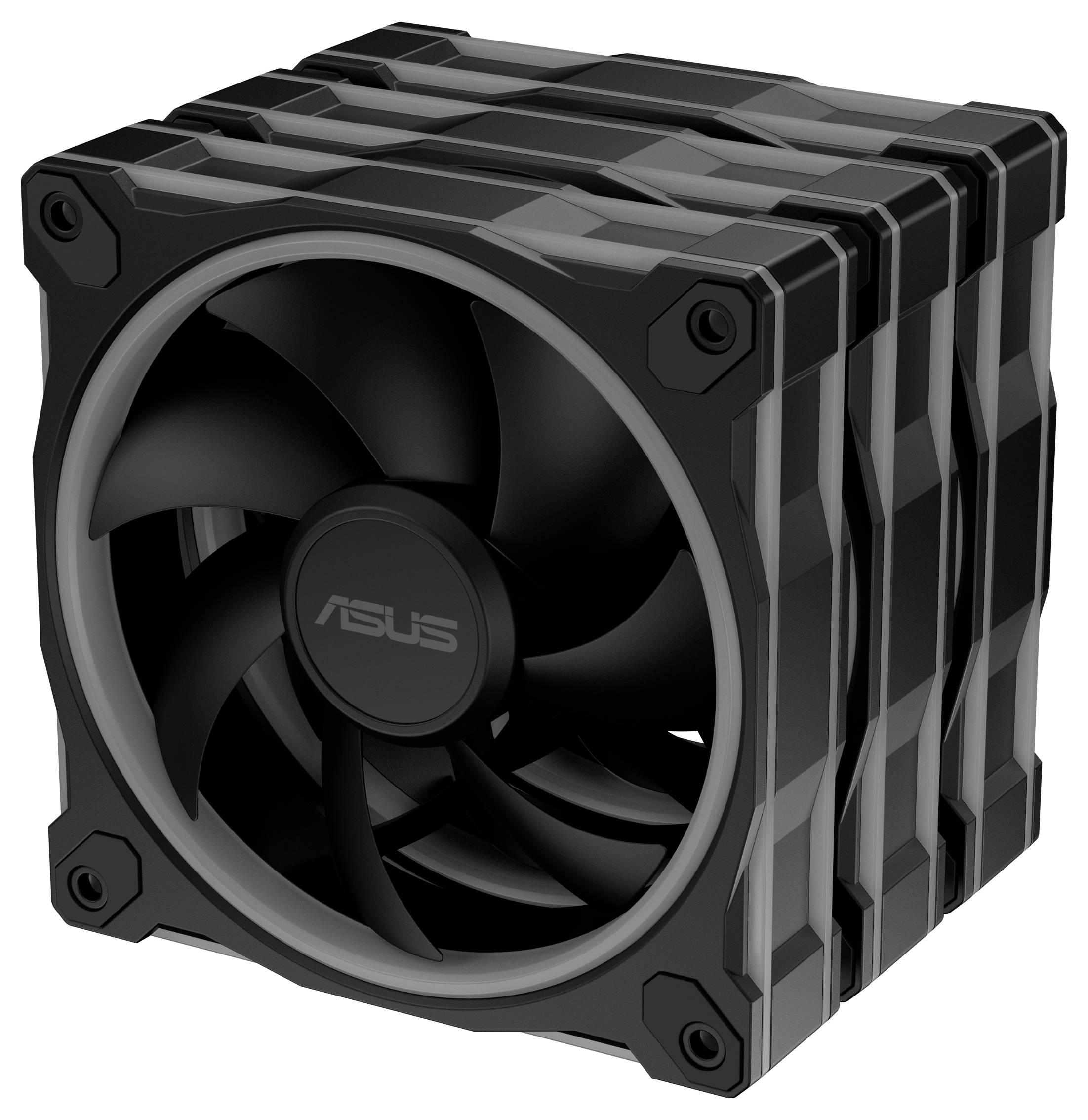 Ein Stapel von drei schwarzen ASUS-Kühlventilatoren mit sichtbaren Rotorblättern, zusammen als Einheit montiert, entwickelt für effiziente Luftzirkulation in Computern.
