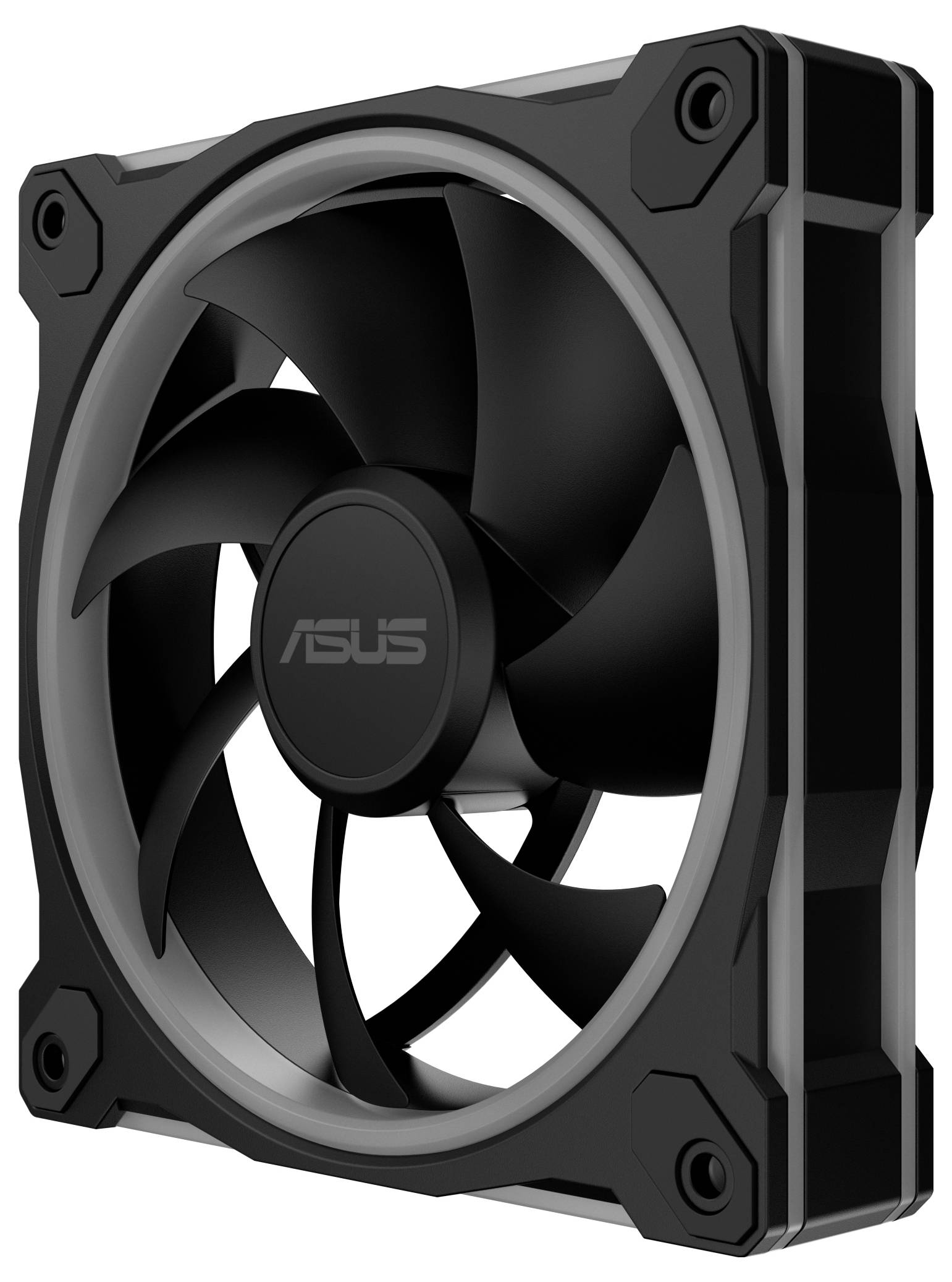 Ein schwarzer ASUS-Computerlüfter mit einem rechteckigen Rahmen und fünf Flügeln.