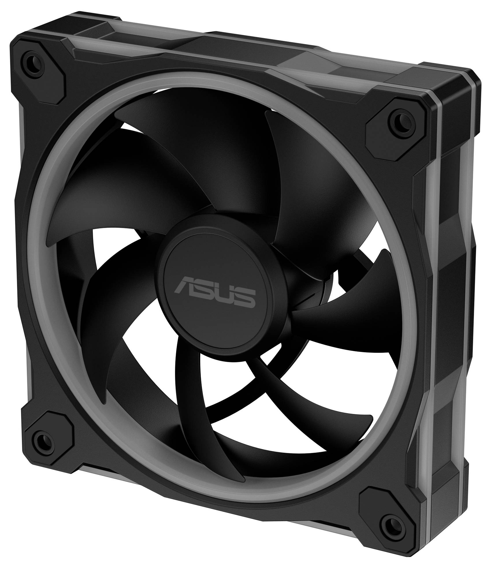 Ein schwarzer Computer-Kühlventilator mit dem 'ASUS' Logo in der Mitte, ausgestattet mit einem kompakten Design mit fünf Rotorblättern und einem quadratischen Rahmen.