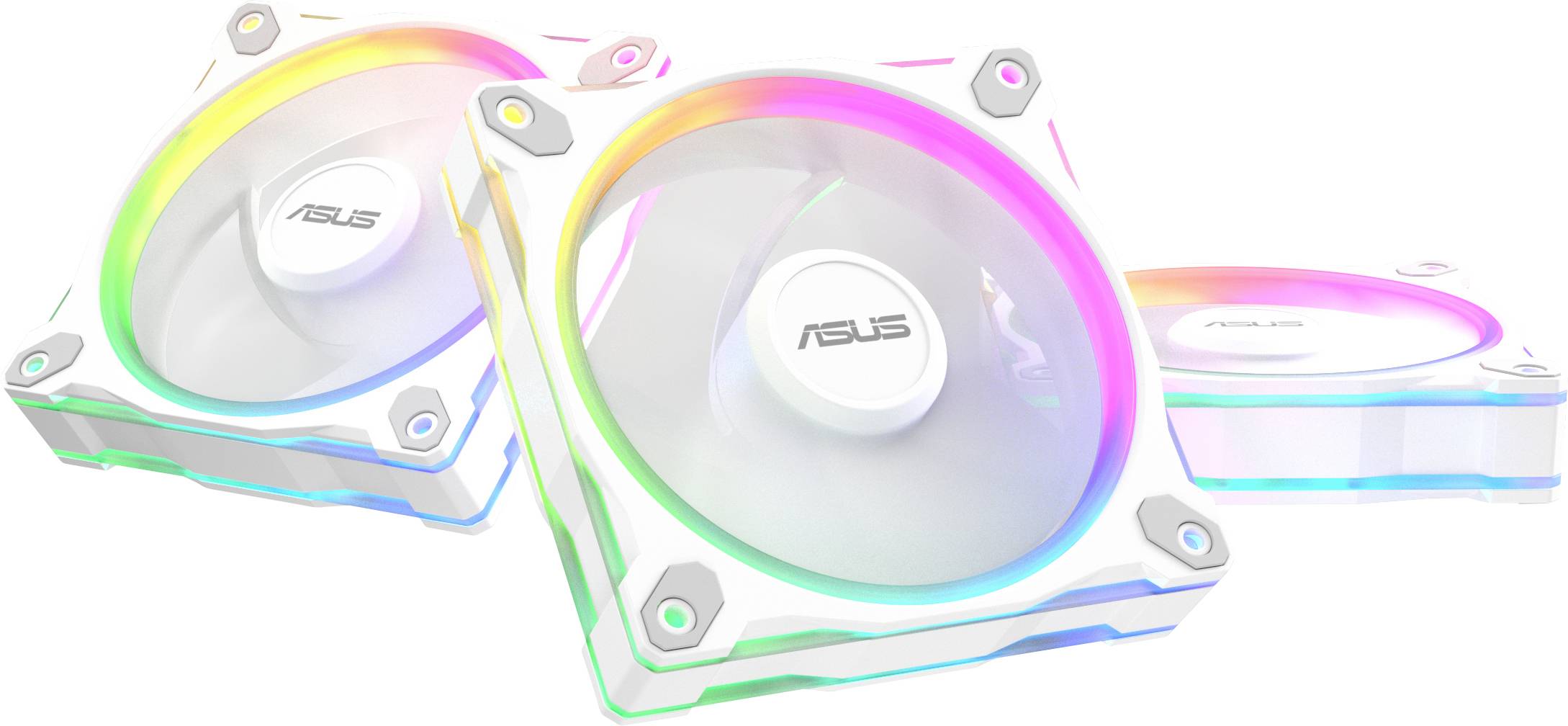 Drei weiße ASUS-Computergehäuselüfter mit RGB-Beleuchtungseffekten sind diagonal angeordnet. Sie präsentieren mehrfarbige Lichter und Markenlogos.