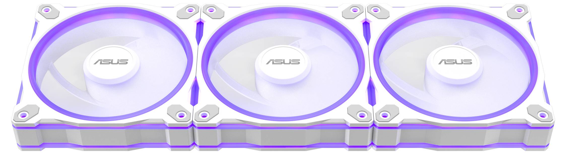 Das Bild zeigt drei beleuchtete Computerkühlventilatoren, die nebeneinander angeordnet sind, wobei jeder Ventilator ein weißes Gehäuse und eine violette LED-Beleuchtung besitzt.