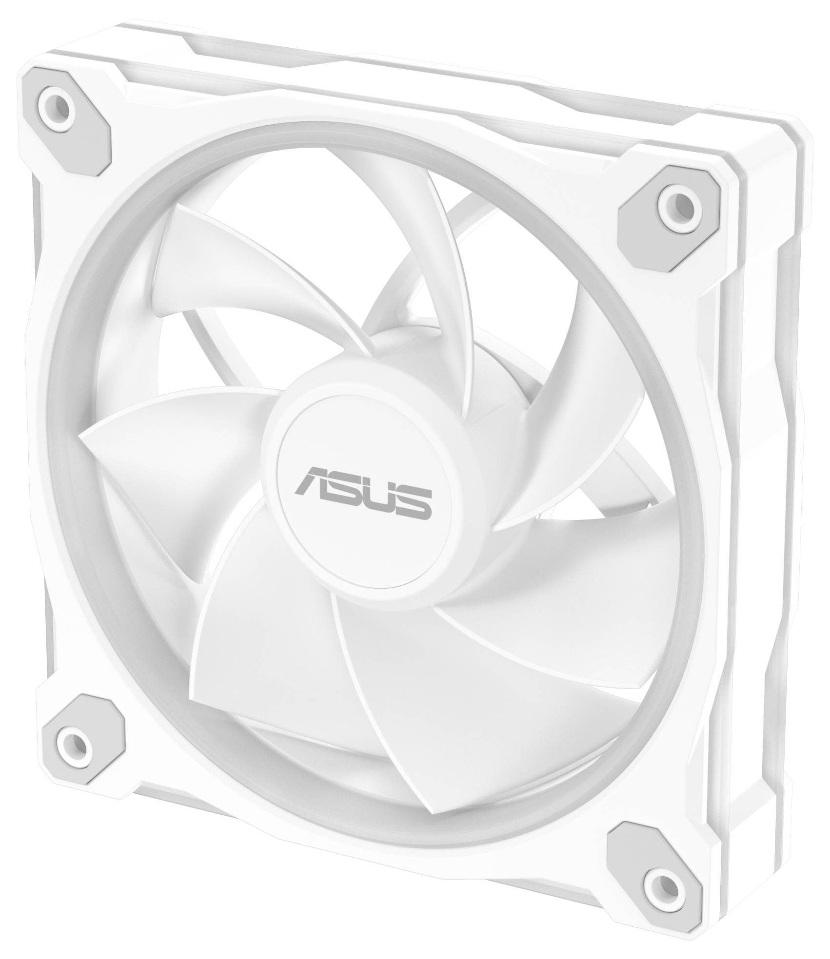 Ein weißer Computer-Kühlventilator mit einem sechseckigen Rahmen und dem 'ASUS' Logo in der Mitte, entwickelt für eine effiziente Luftzirkulation.