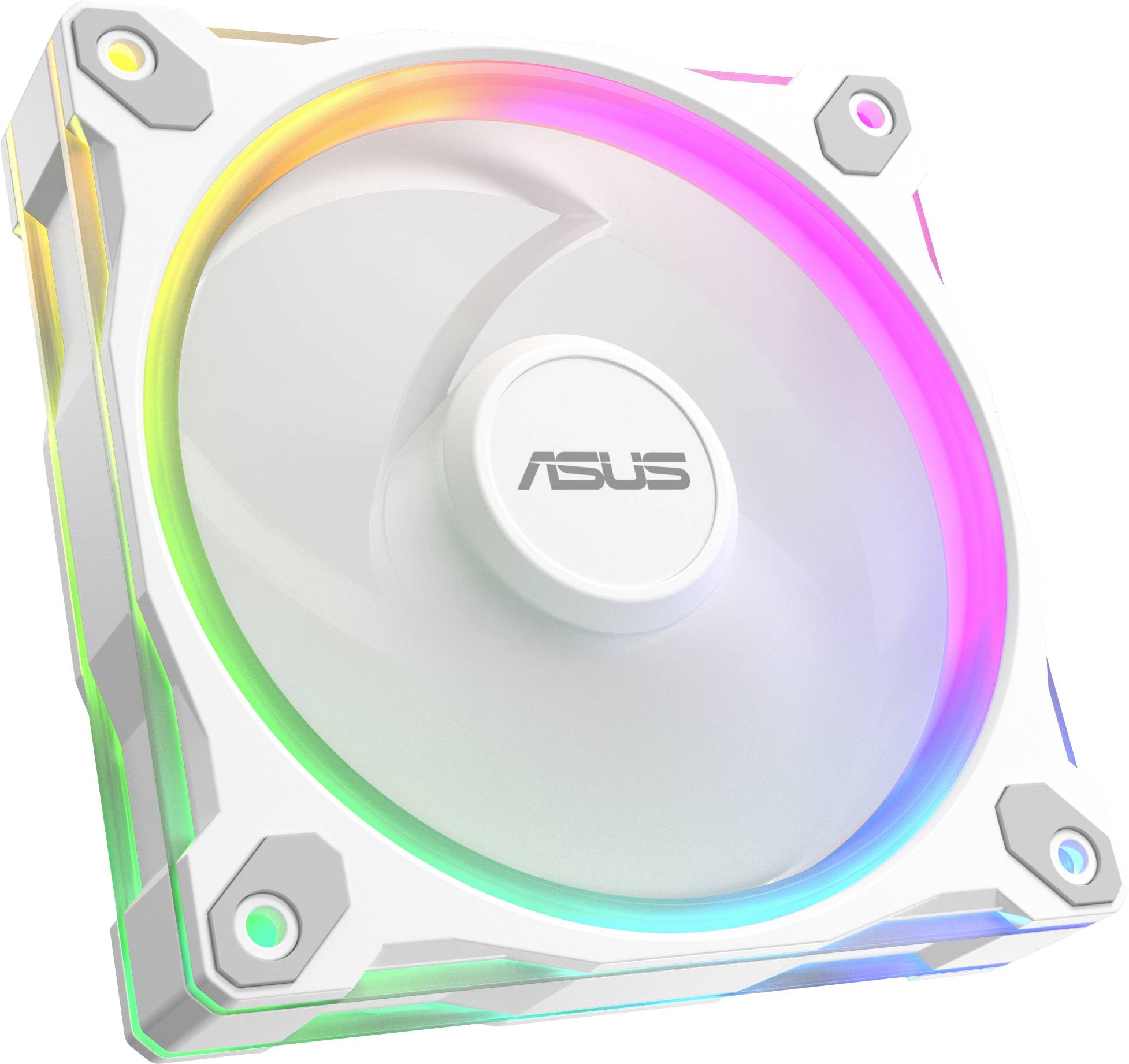 Ein weißer Computerlüfter mit dem 'ASUS' Logo in der Mitte, umgeben von mehrfarbigen LED-Lichtern, die Farbtöne von Rosa, Grün und Gelb reflektieren.