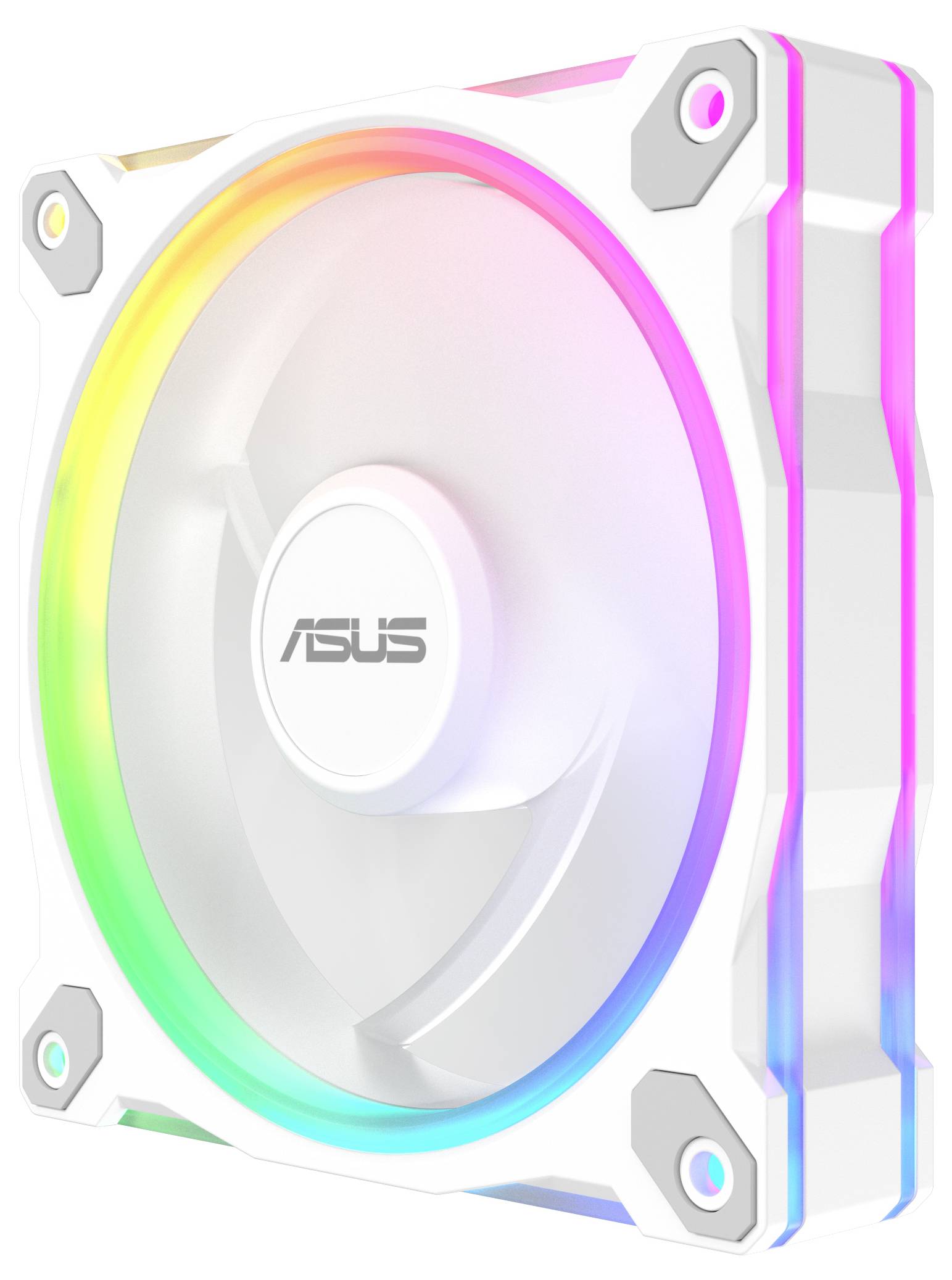Ein weißer Computer-Kühlventilator mit einem leuchtenden RGB-LED-Rand, der verschiedene Farben zeigt, mit der Markenbezeichnung 'ASUS' in der Mitte.