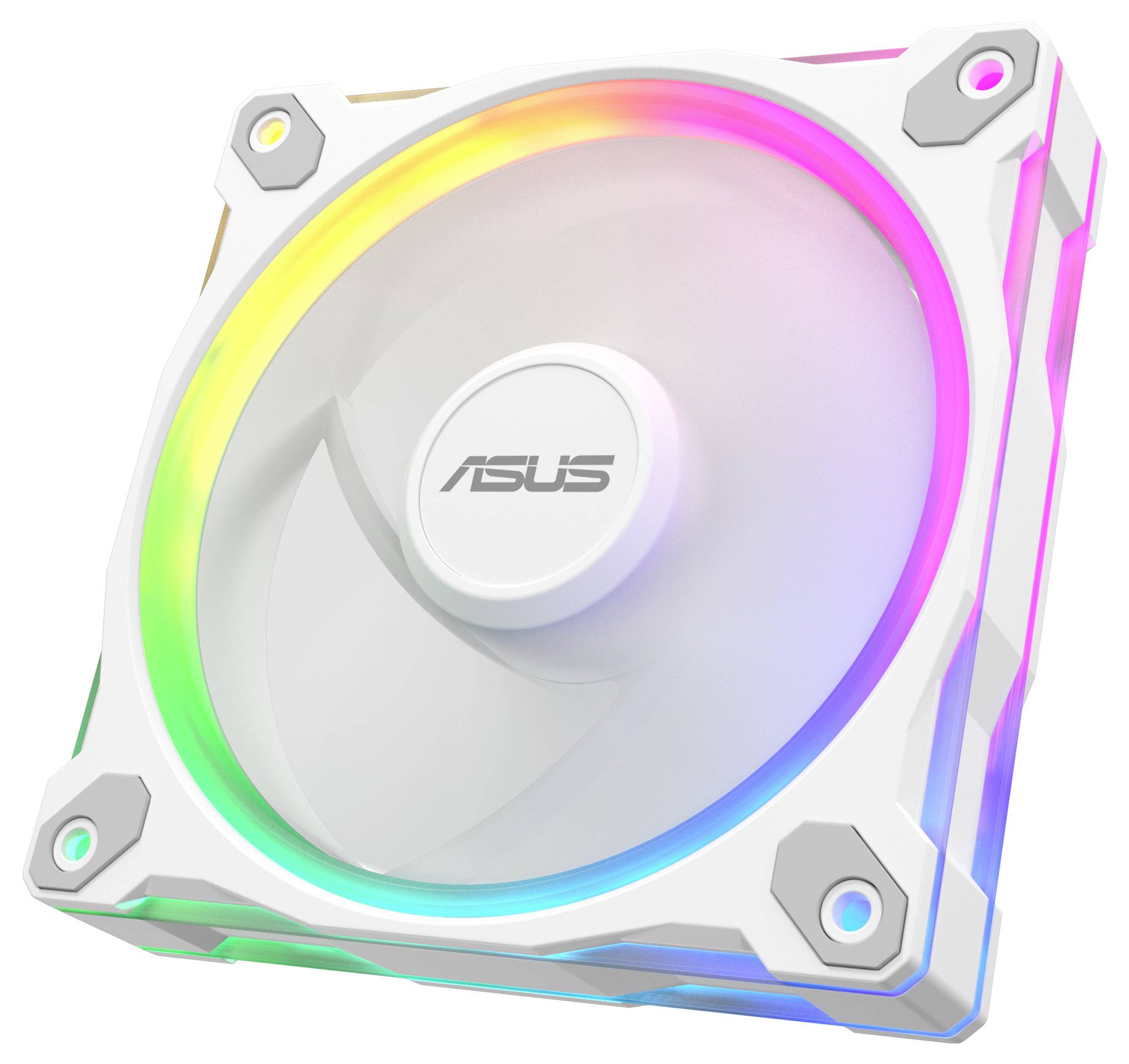 Ein weißer Computer-Kühlventilator von ASUS mit mehrfarbigen LED-Lichtern am Rand, was auf ein verbessertes Design hinweist.