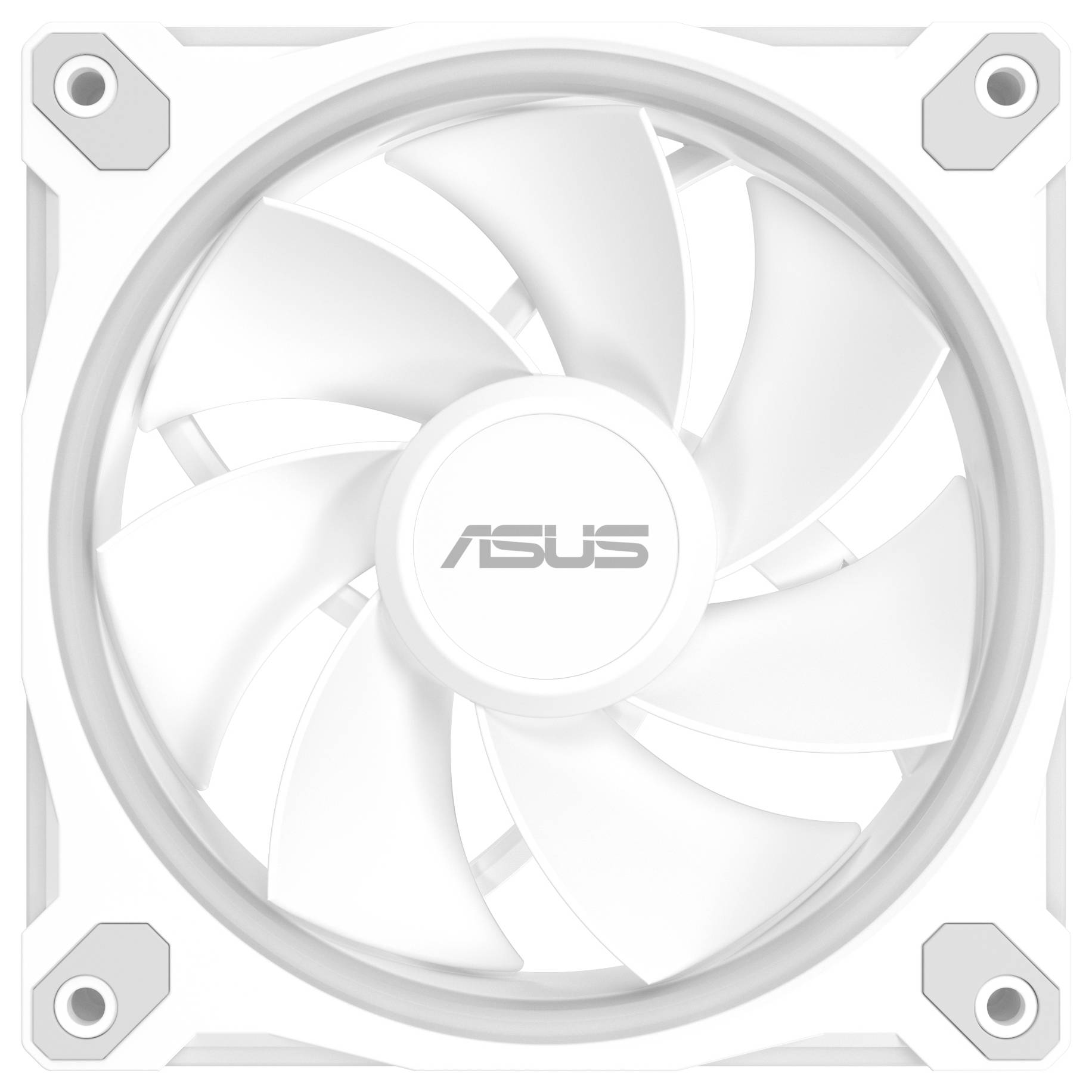 Ein weißer Computer-Kühlventilator mit einem 'ASUS'-Logo in der Mitte, ausgestattet mit mehreren Rotorblättern, konstruiert für eine effiziente Luftzirkulation.