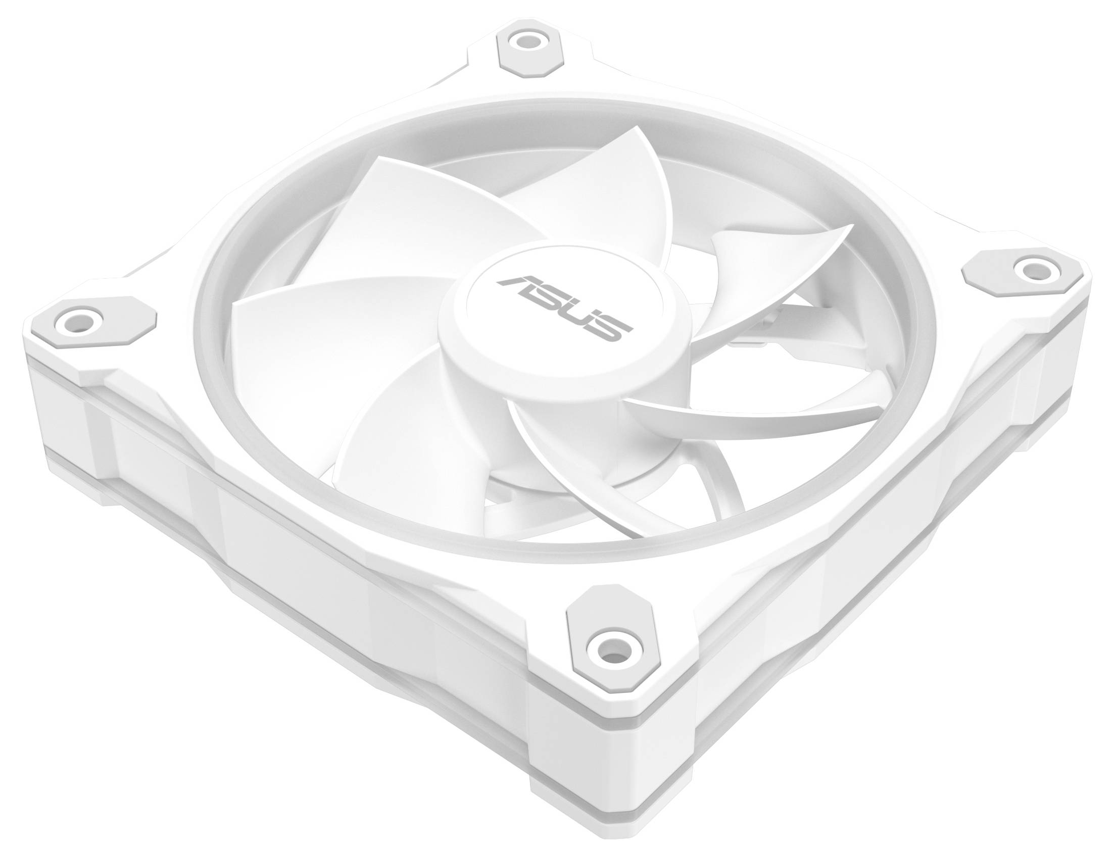 Ein weißer quadratischer Computer-Kühlventilator mit mehreren Rotorblättern und einem zentralen Nabenelement mit Beschriftung, konzipiert für Belüftung und Temperaturregelung.