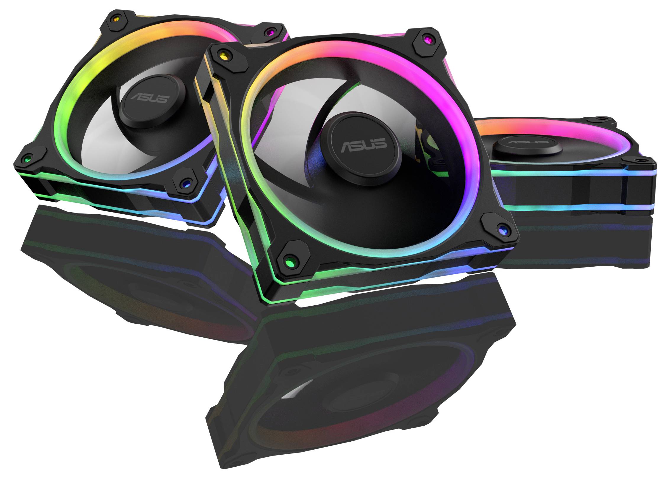 Drei RGB-Computerlüfter mit bunten LED-Beleuchtungen.