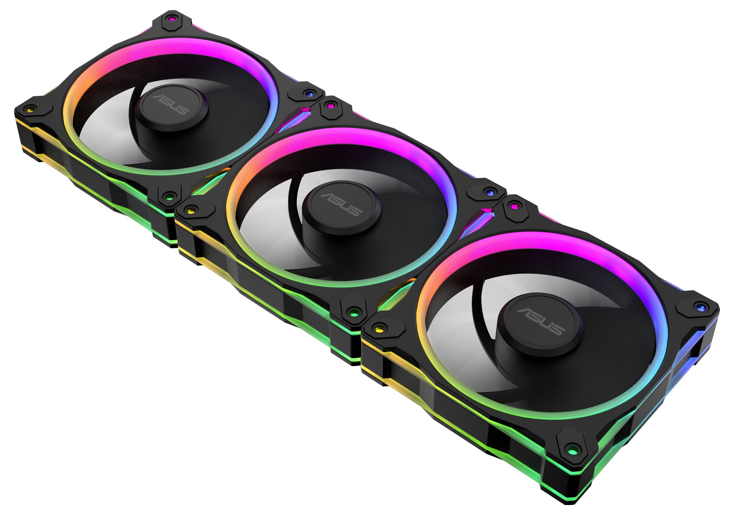 Drei Asus-Computerventilatoren mit RGB-Beleuchtung in einer Reihe, die eine lebendige, mehrfarbige Beleuchtung präsentieren und für die PC-Kühlung geeignet sind.