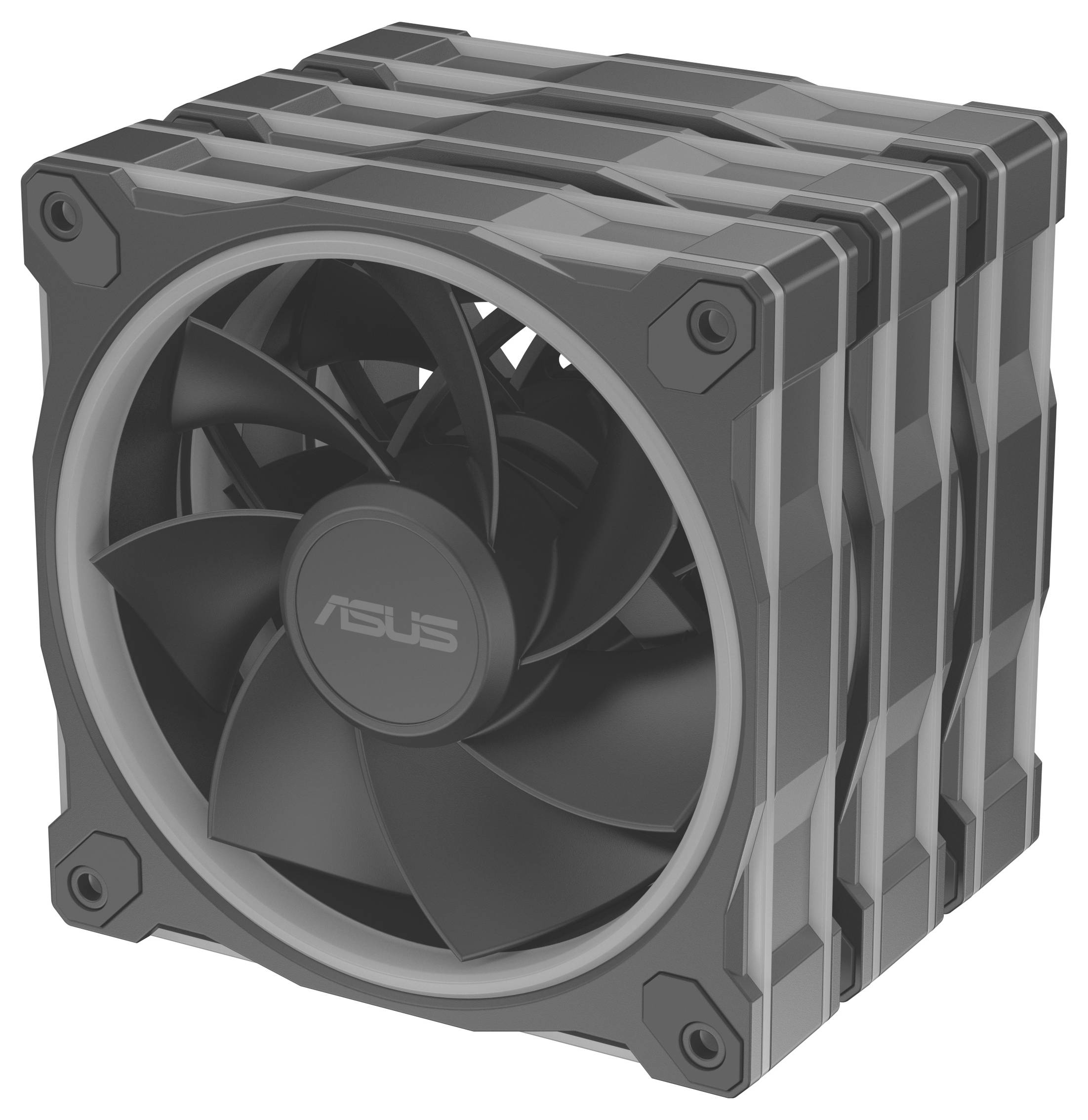 Ein Stapel von drei schwarzen Computer-Kühlventilatoren der Marke 