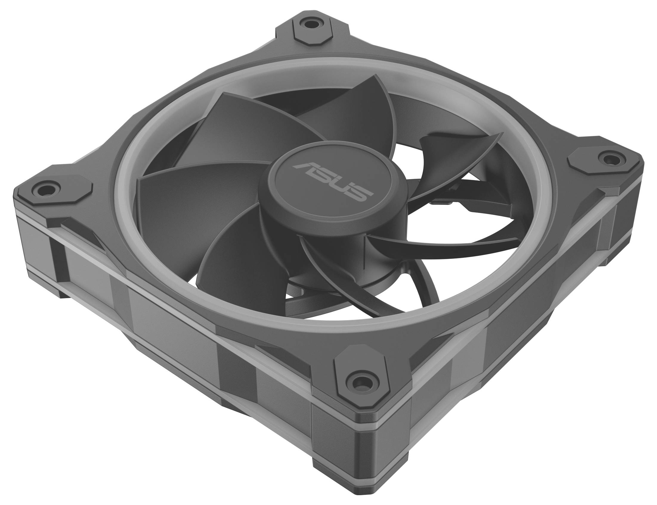 Ein schwarzer Computer-Kühlventilator mit einem quadratischen Rahmen, auf dem das Markenlogo in der Mitte angebracht ist.