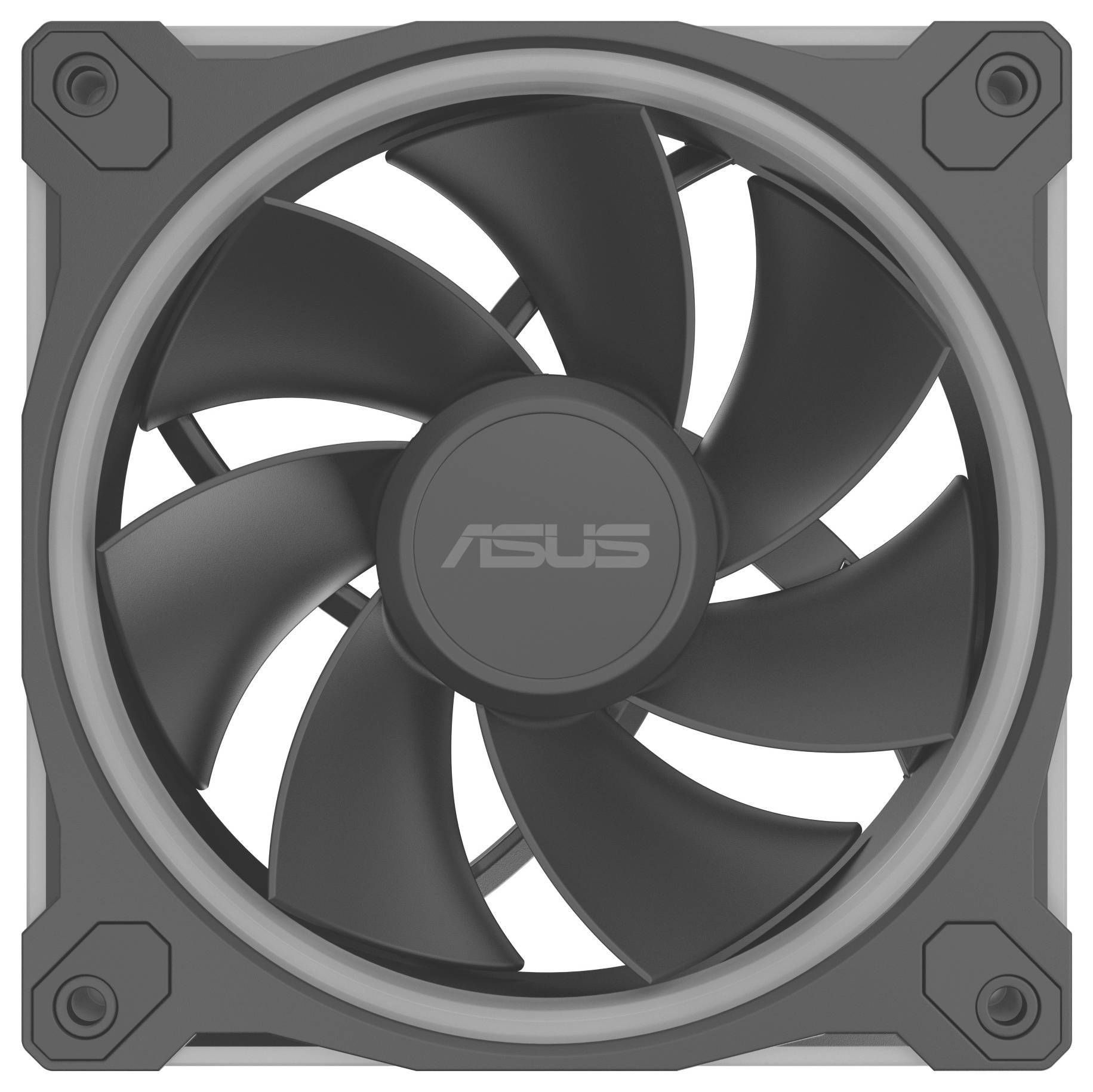 Ein schwarzer Computergehäuselüfter mit acht geschwungenen Klingen, der das Asus-Logo in der Mitte trägt. Der Lüfter ist in einem quadratischen grauen Gehäuse gerahmt.