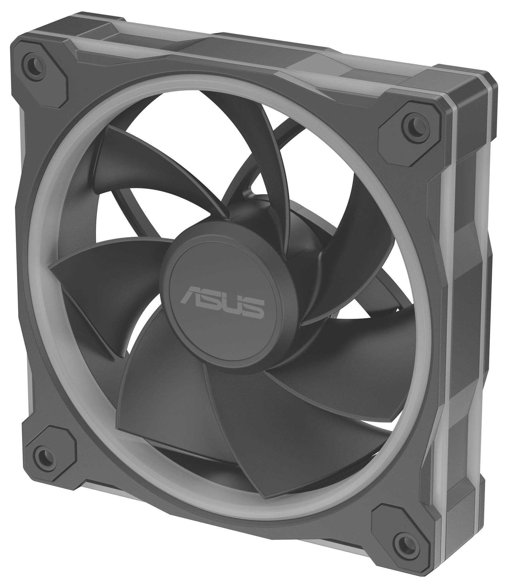Ein schwarzer Computer-Kühlventilator mit dem ASUS-Logo auf der zentralen Nabe, der mehrere Rotorblätter innerhalb eines quadratischen Rahmens mit Eckbefestigungen zeigt.