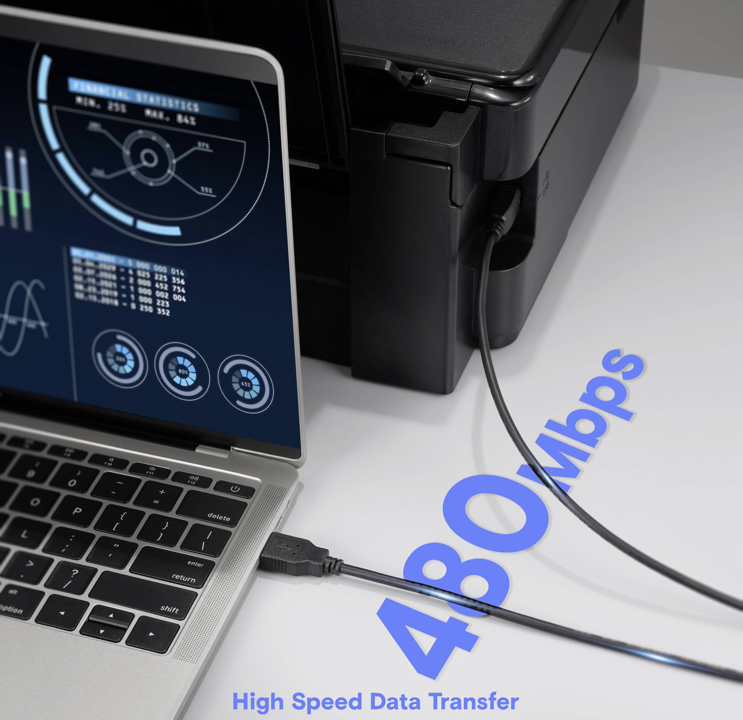 Ein Laptop, der über USB mit einem Drucker verbunden ist und Datenübertragungsvisuals auf dem Bildschirm zeigt, wobei '480 Mbit/s' eine Hochgeschwindigkeitsübertragung signalisiert.