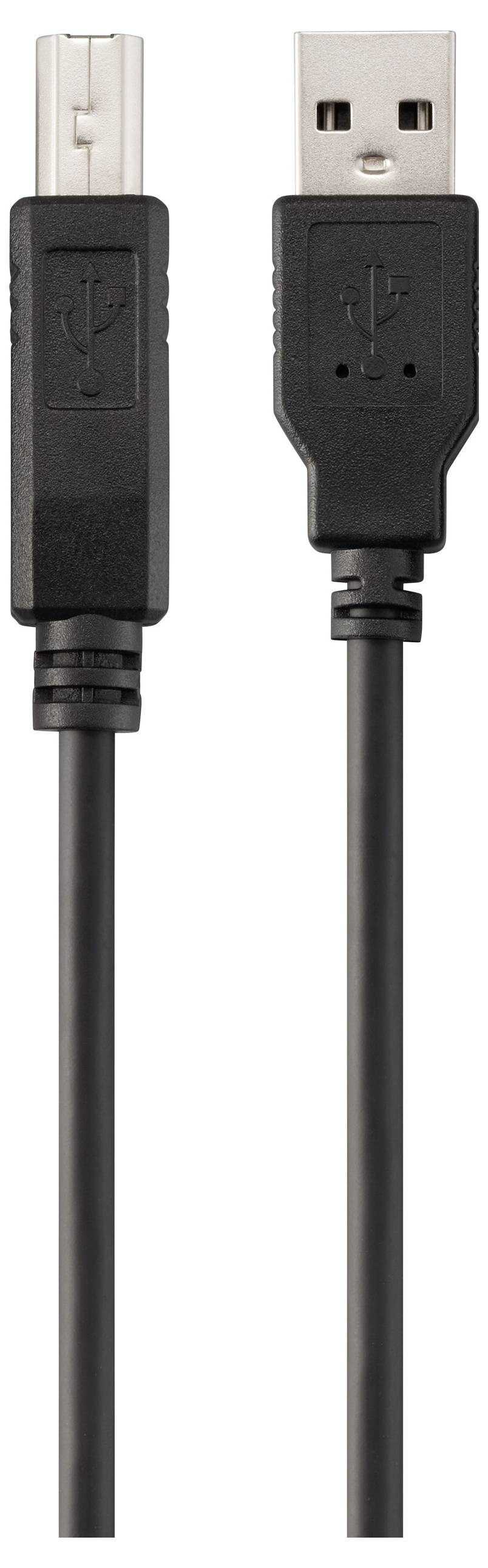 USB-Kabel mit Type-B-Anschluss links und Type-A-Anschluss rechts, verwendet für Peripherieanschlüsse an Computern.