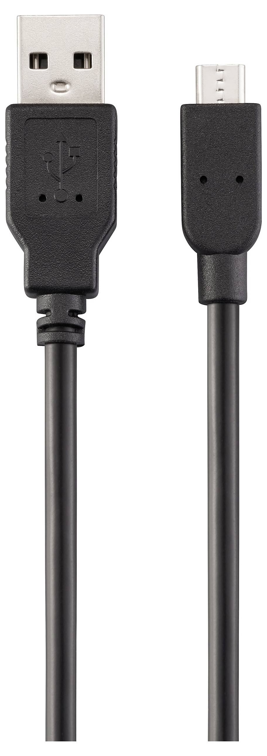 Ein schwarzes USB-zu-Micro-USB-Kabel ist zu sehen, wobei der standardmäßige USB-Anschluss links und der Micro-USB-Anschluss rechts sitzt.