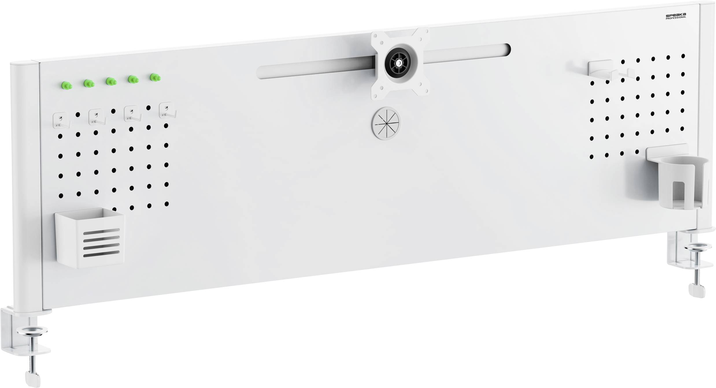 Eine horizontale weiße Vorrichtung mit mehreren Durchbohrungen, zwei Befestigungsklammern und grünen Indikatoren auf der linken Seite, möglicherweise zum Halten von Ausrüstung.