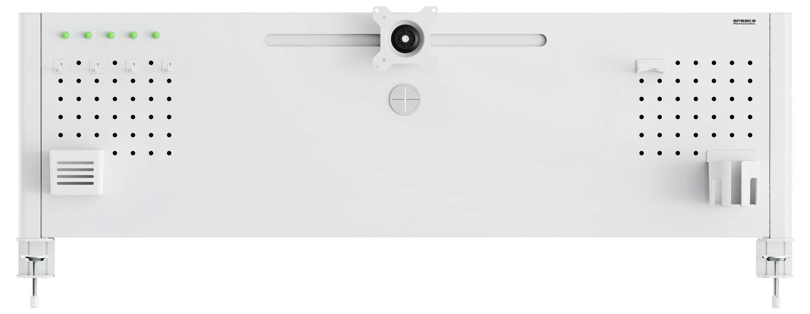 Ein weißes rechteckiges Bedienfeld mit verschiedenen Schaltern, Tasten und Leuchten, ausgestattet mit Befestigungsbügeln an beiden Seiten.